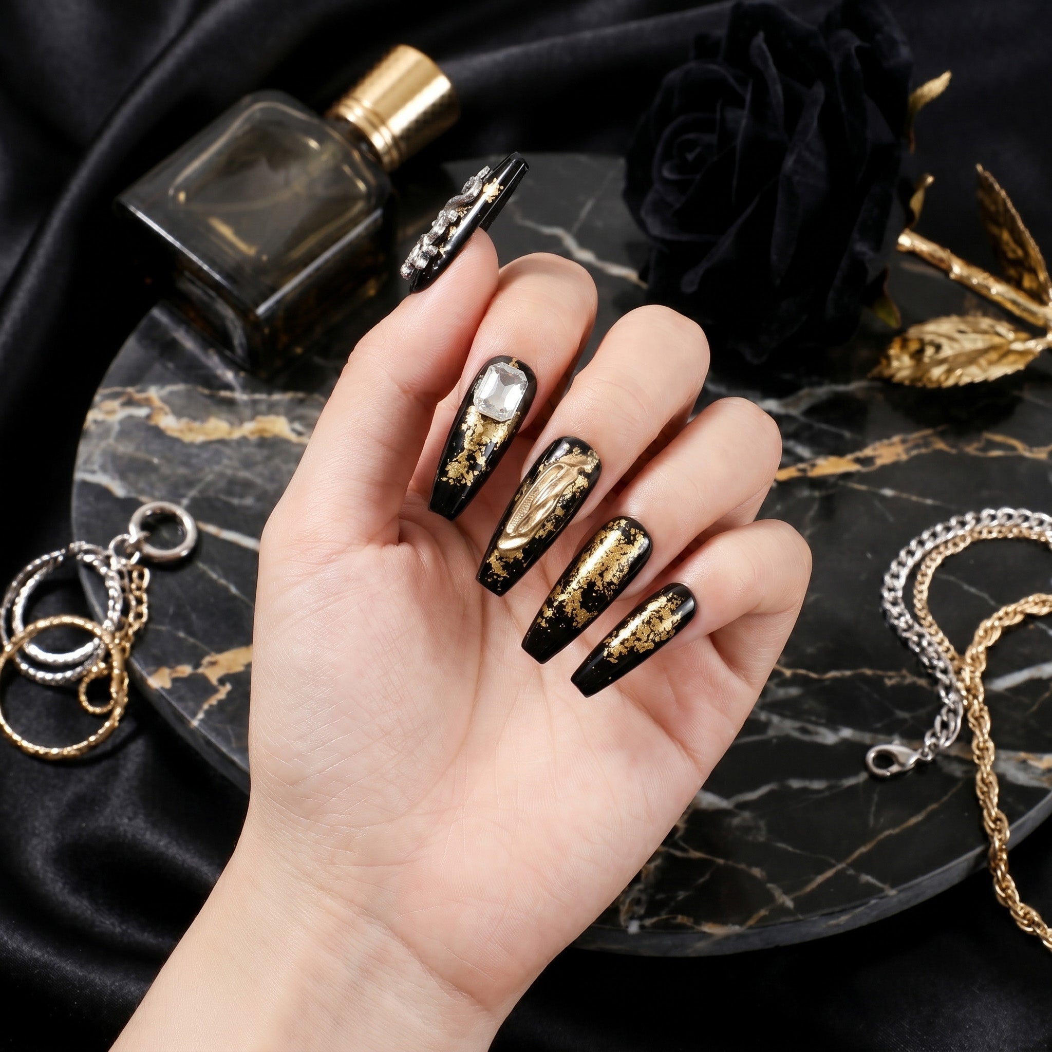 Handmade Medium Coffin Ballerina Press-On Nails - Black Gold Rhinestone 3D Hand-Painted 10 Pcs #052