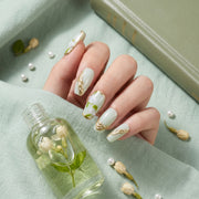 Handmade Short Coffin Ballerina Press-On Nails - Green Gold Hand-Painted Minimalist Japanese 10 Pcs #054