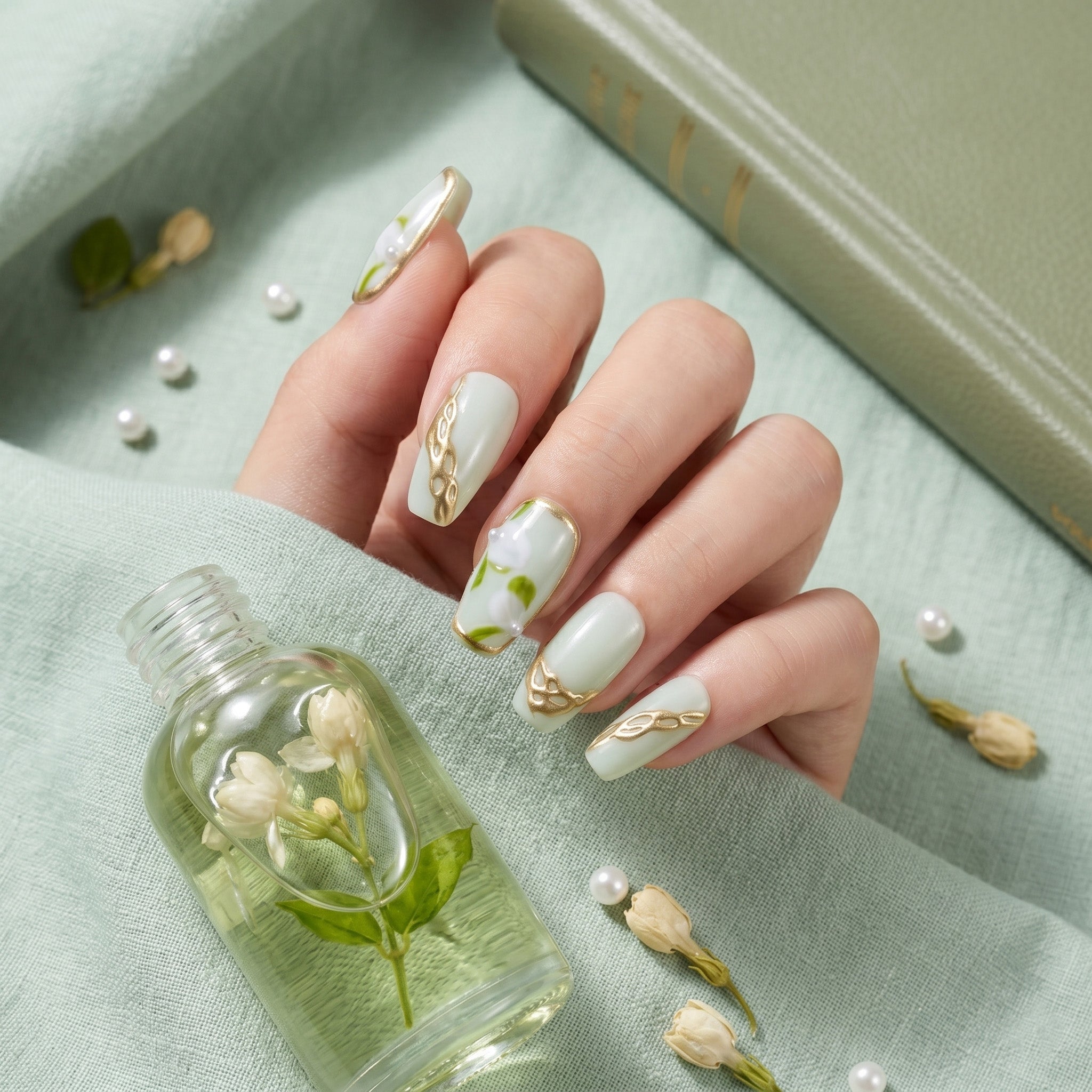 Faux ongles faits main vert menthe à motif floral et chaîne dorée #054