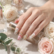 Handmade Medium Oval Press-On Nails - Pink Gold Gradation Elegant Rhinestone 10 Pcs #055