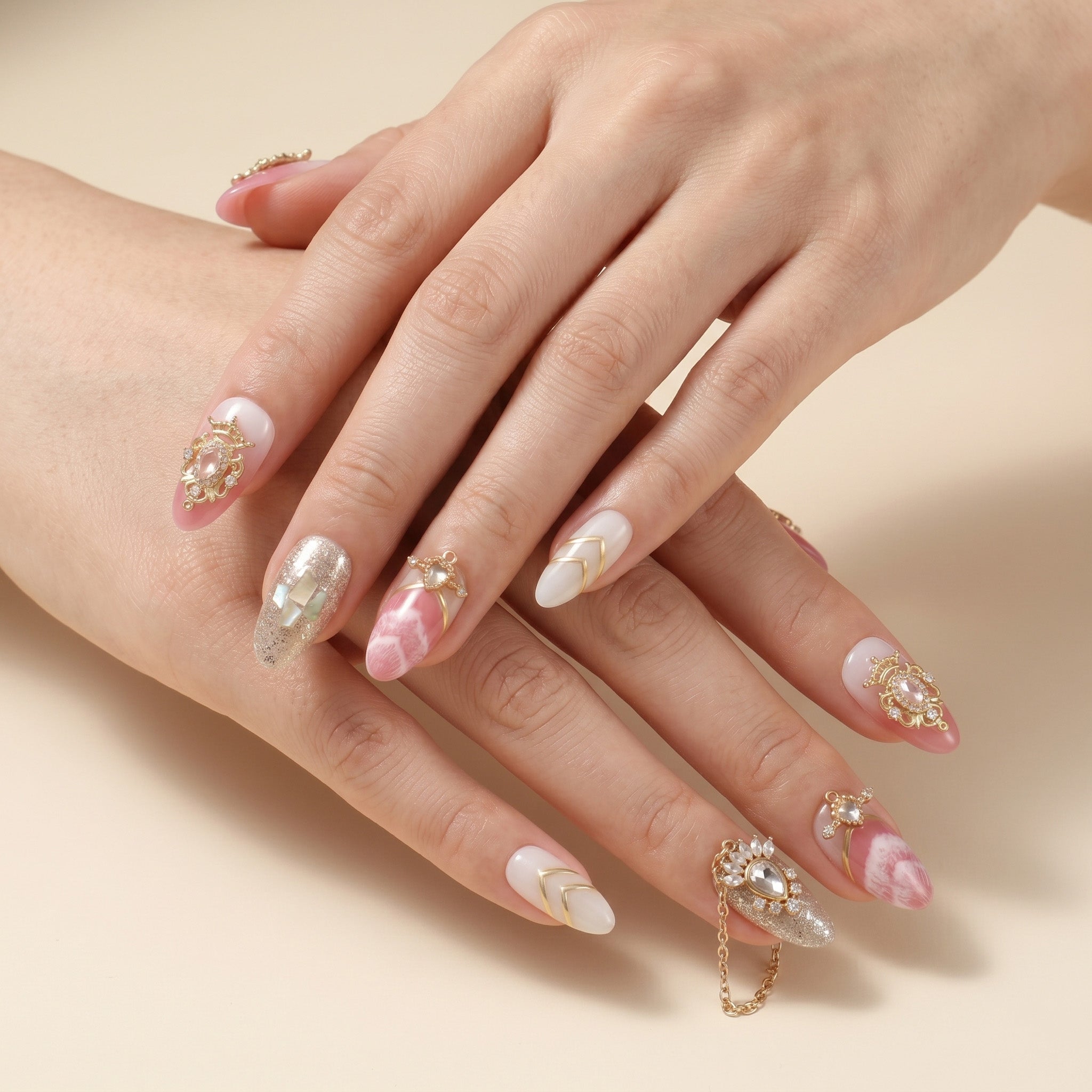 Handmade Medium Oval Press-On Nails - Pink Gold Gradation Elegant Rhinestone 10 Pcs #055