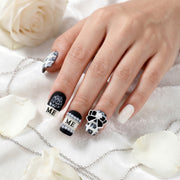 Handmade Black & White Pearl Bow Press-On Nails #048
