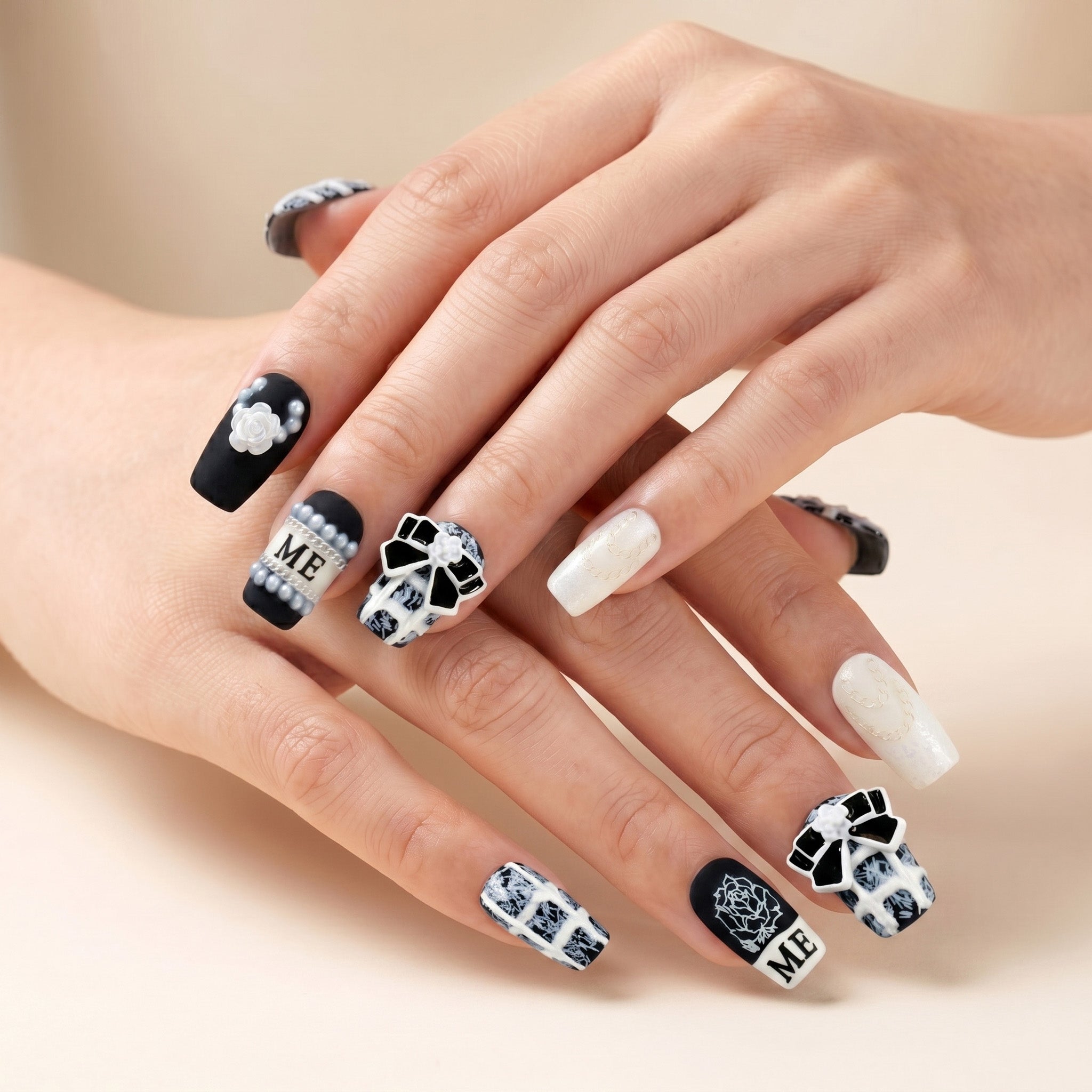 Handmade Black & White Pearl Bow Press-On Nails #048