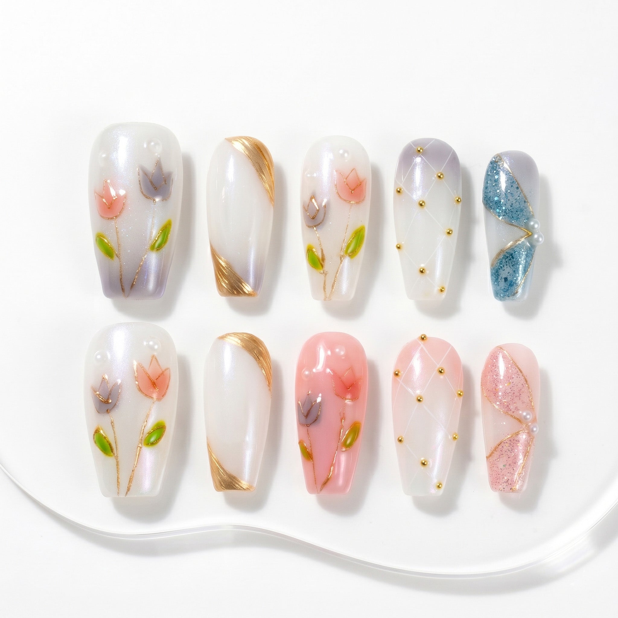 Handmade Medium Coffin Ballerina Press-On Nails - Colorful Pink White Rhinestone Flower Hand-Painted 10 Pcs #056