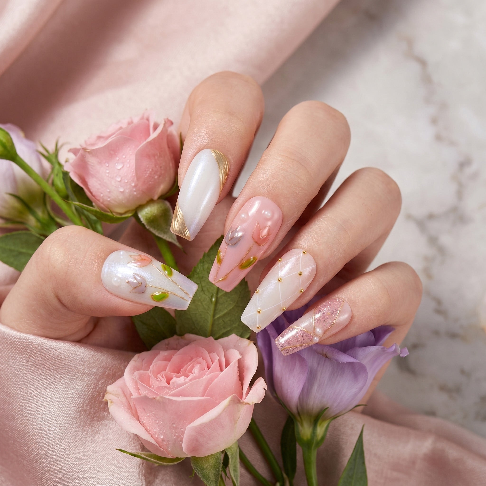 Handmade Medium Coffin Ballerina Press-On Nails - Colorful Pink White Rhinestone Flower Hand-Painted 10 Pcs #056