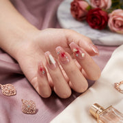 Handmade Medium Coffin Ballerina Press-On Nails - Pink Heart Rhinestone Gradation 10 Pcs #057