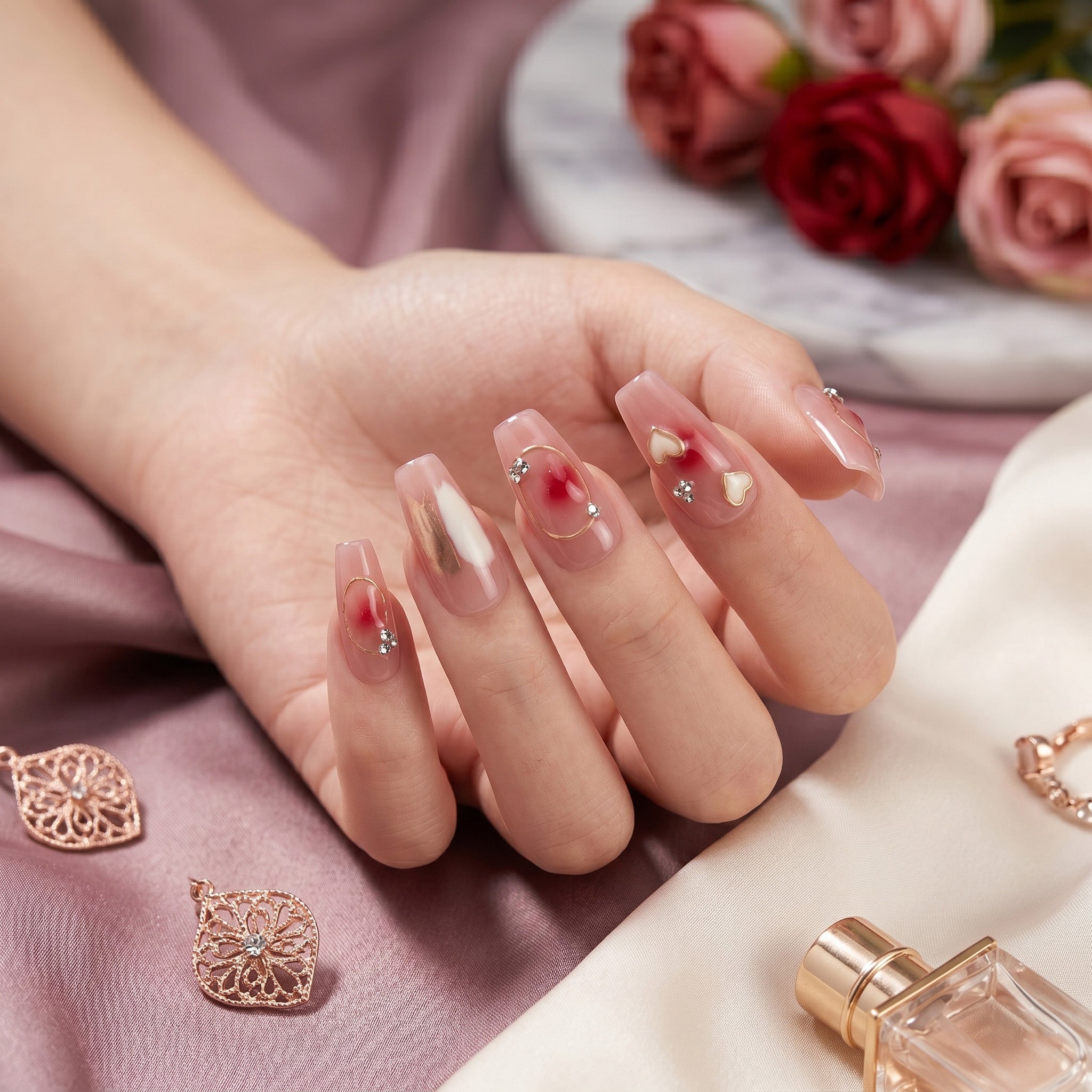 Faux ongles faits main motif cœur et lignes dorées #057