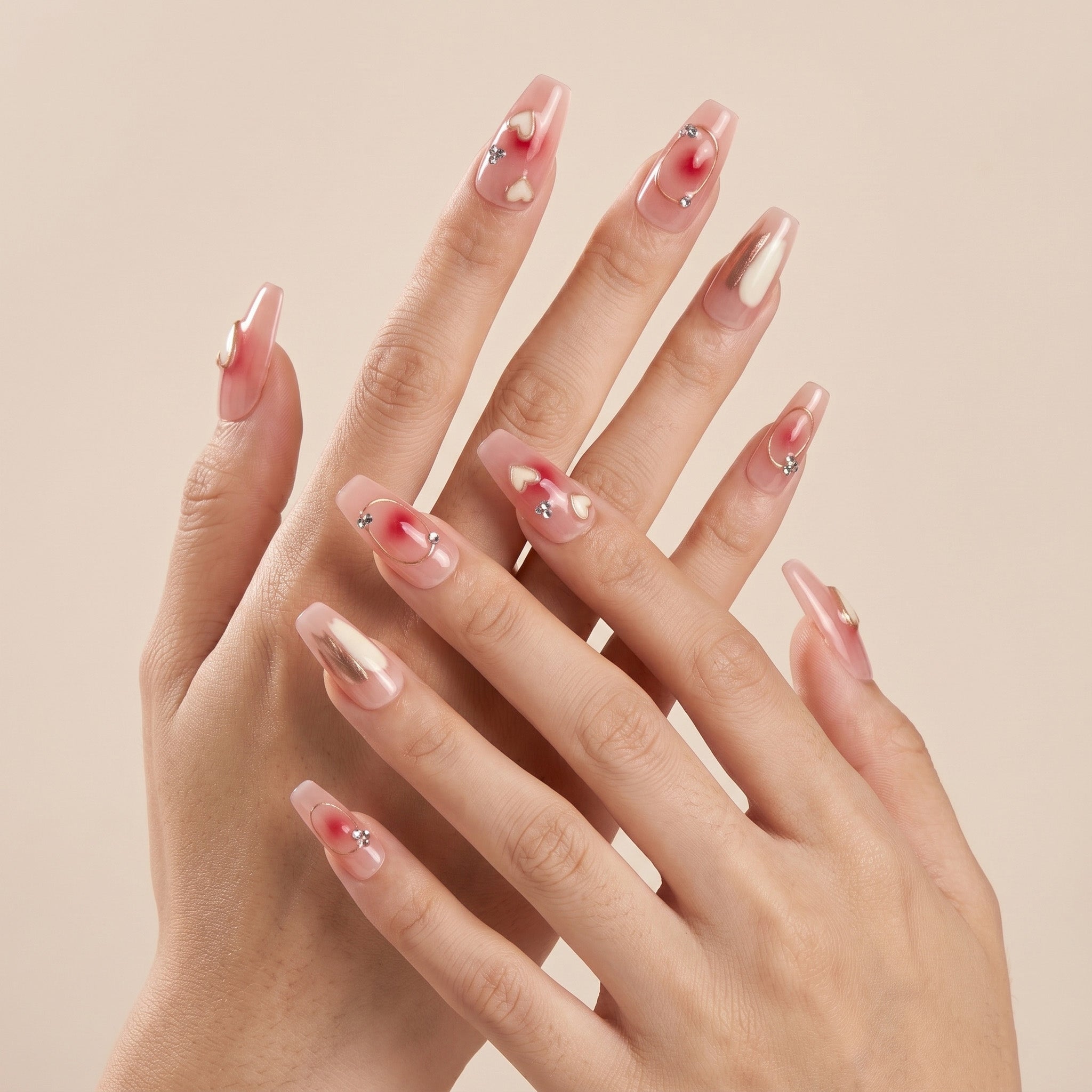 Handmade Medium Coffin Ballerina Press-On Nails - Pink Heart Rhinestone Gradation 10 Pcs #057