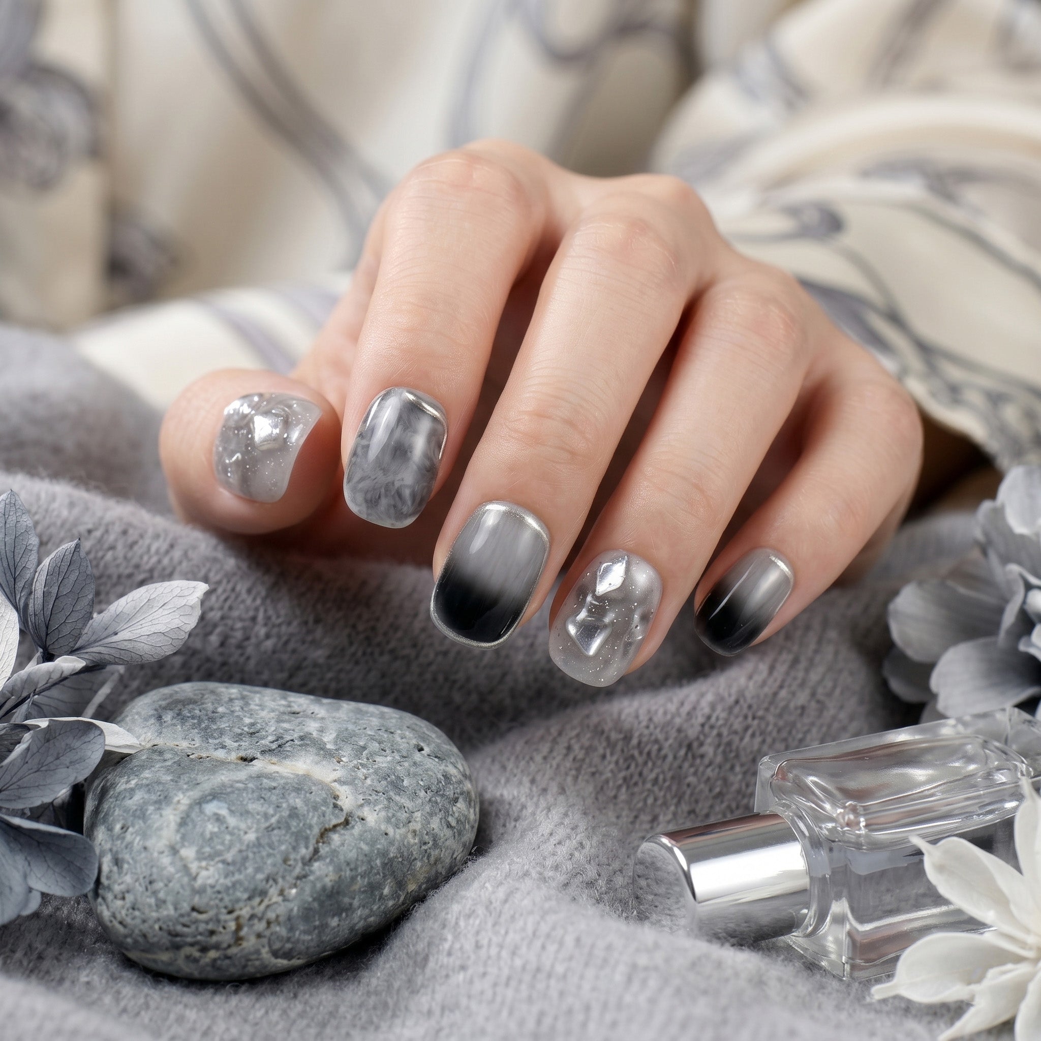 Faux ongles faits main motif marbre fumé #058