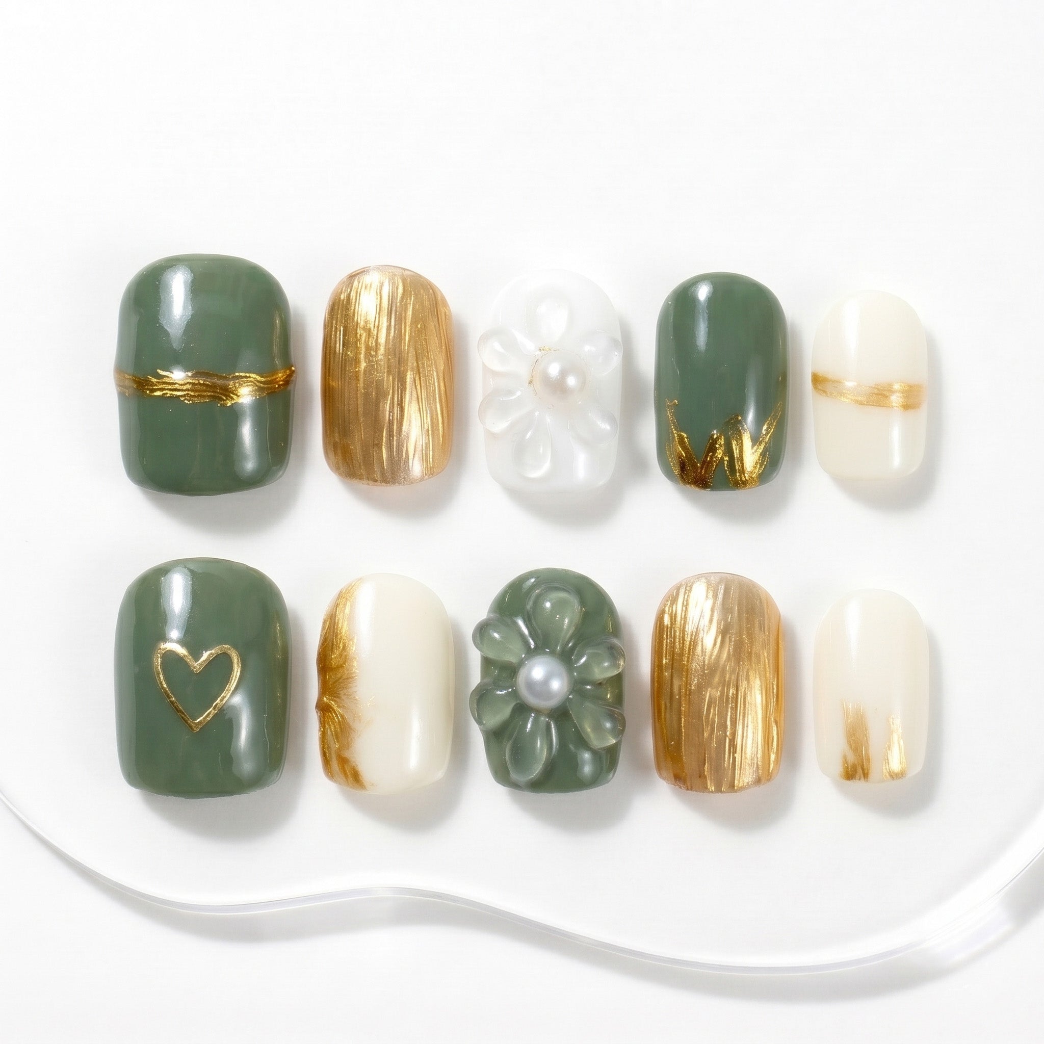 Handmade Short Square Press-On Nails - Green White Gold Flower 3D Hand-Painted 10 Pcs #059