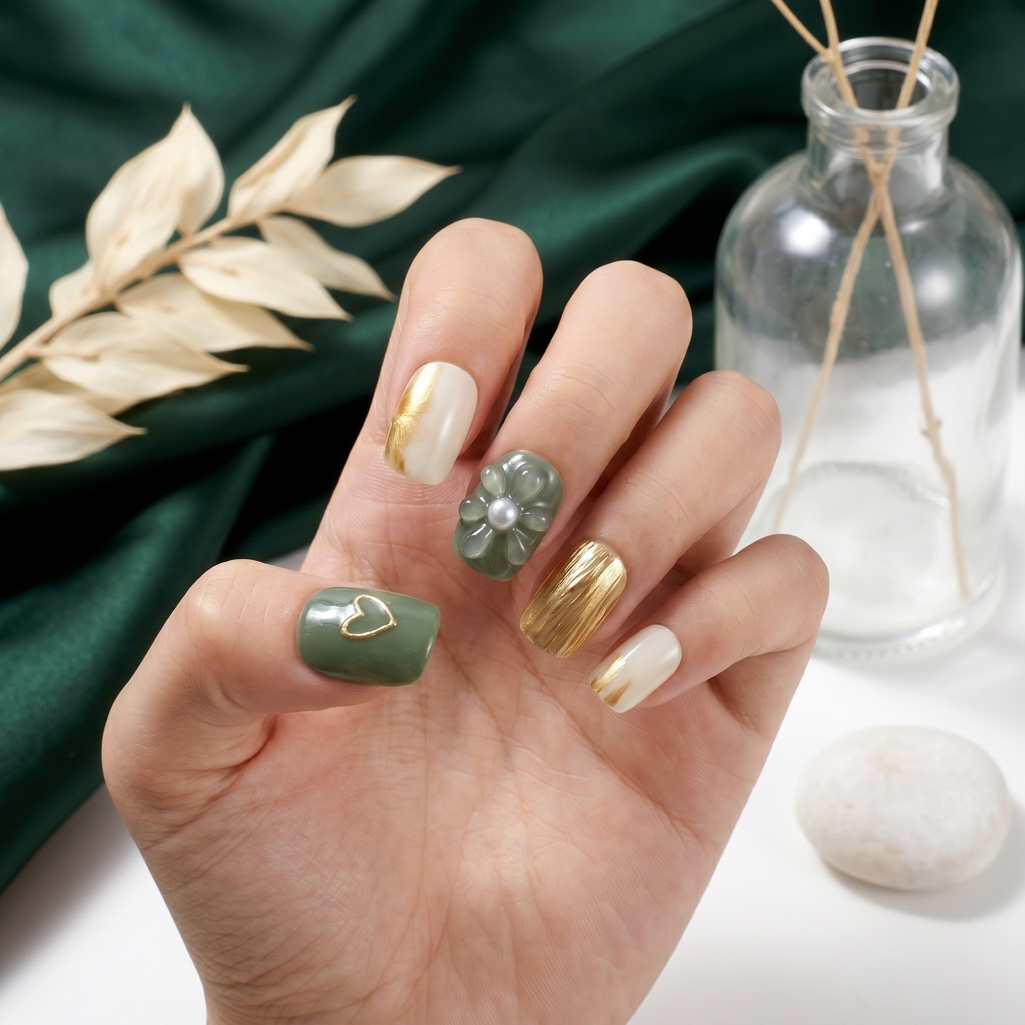 Handmade Short Square Press-On Nails - Green White Gold Flower 3D Hand-Painted 10 Pcs #059