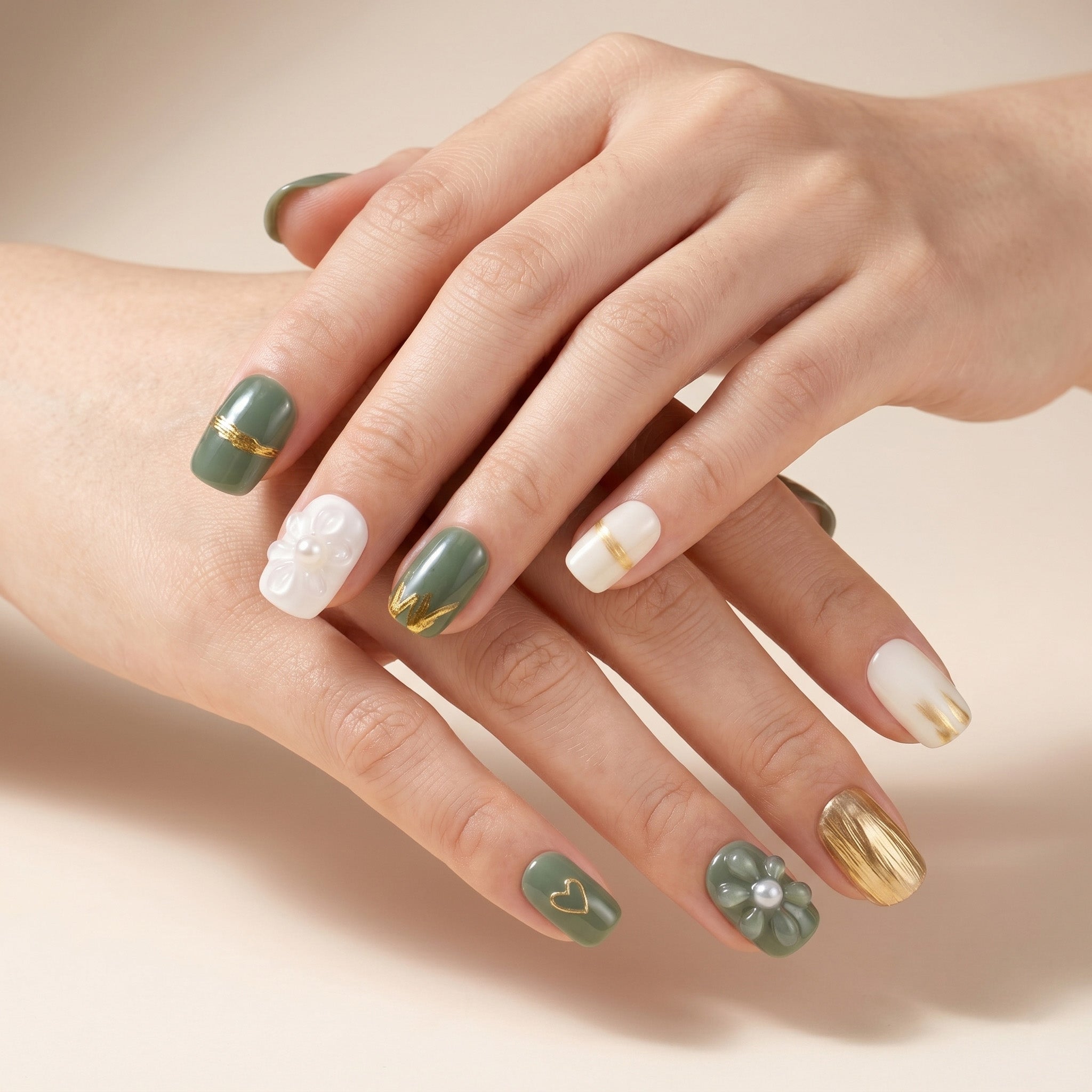 Handmade Short Square Press-On Nails - Green White Gold Flower 3D Hand-Painted 10 Pcs #059