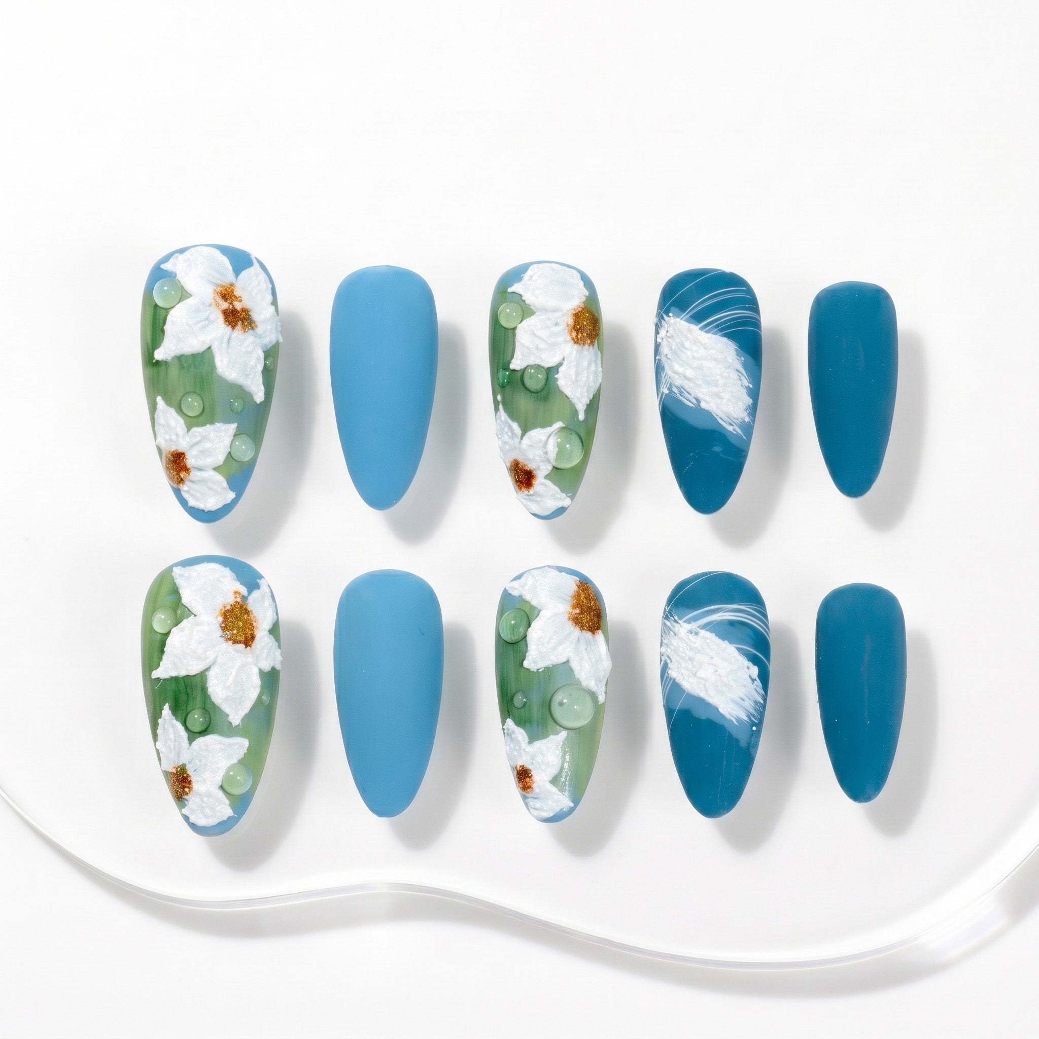 Handmade Medium Almond Press-On Nails - Blue Flower Hand-Painted Japanese 10 Pcs #060