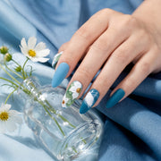 Handmade Medium Almond Press-On Nails - Blue Flower Hand-Painted Japanese 10 Pcs #060