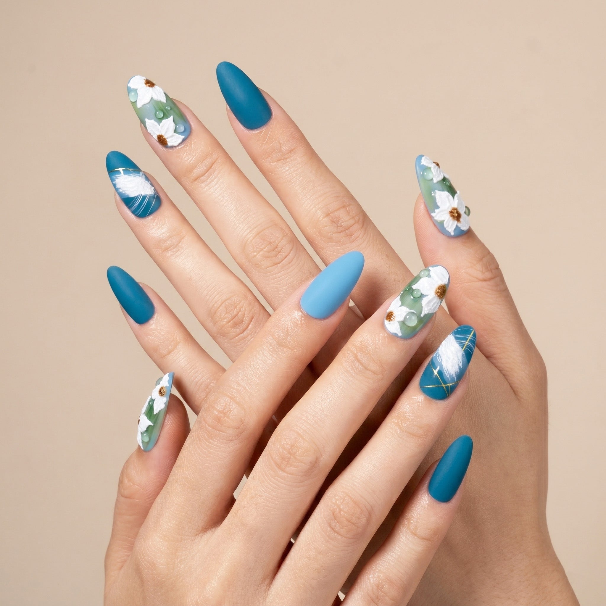 Handmade Medium Almond Press-On Nails - Blue Flower Hand-Painted Japanese 10 Pcs #060