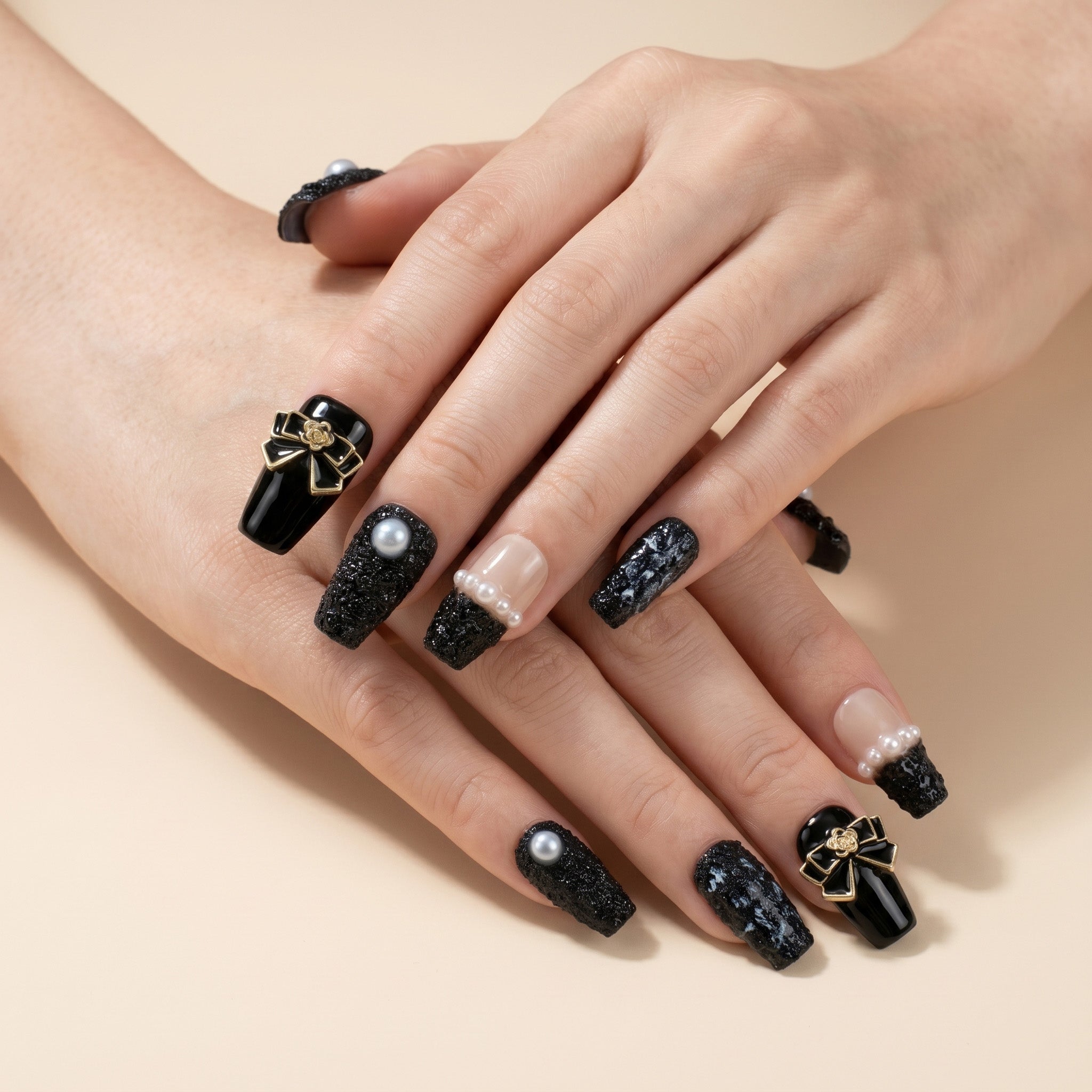 Handmade Short Coffin Ballerina Press-On Nails - Black Nude Beige Pearl Bow Sweet 10 Pcs #061
