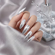 Handmade Long Stiletto Amlond Press-On Nails - Silver White Hand-Painted Minimalist Trendy 10 Pcs #063