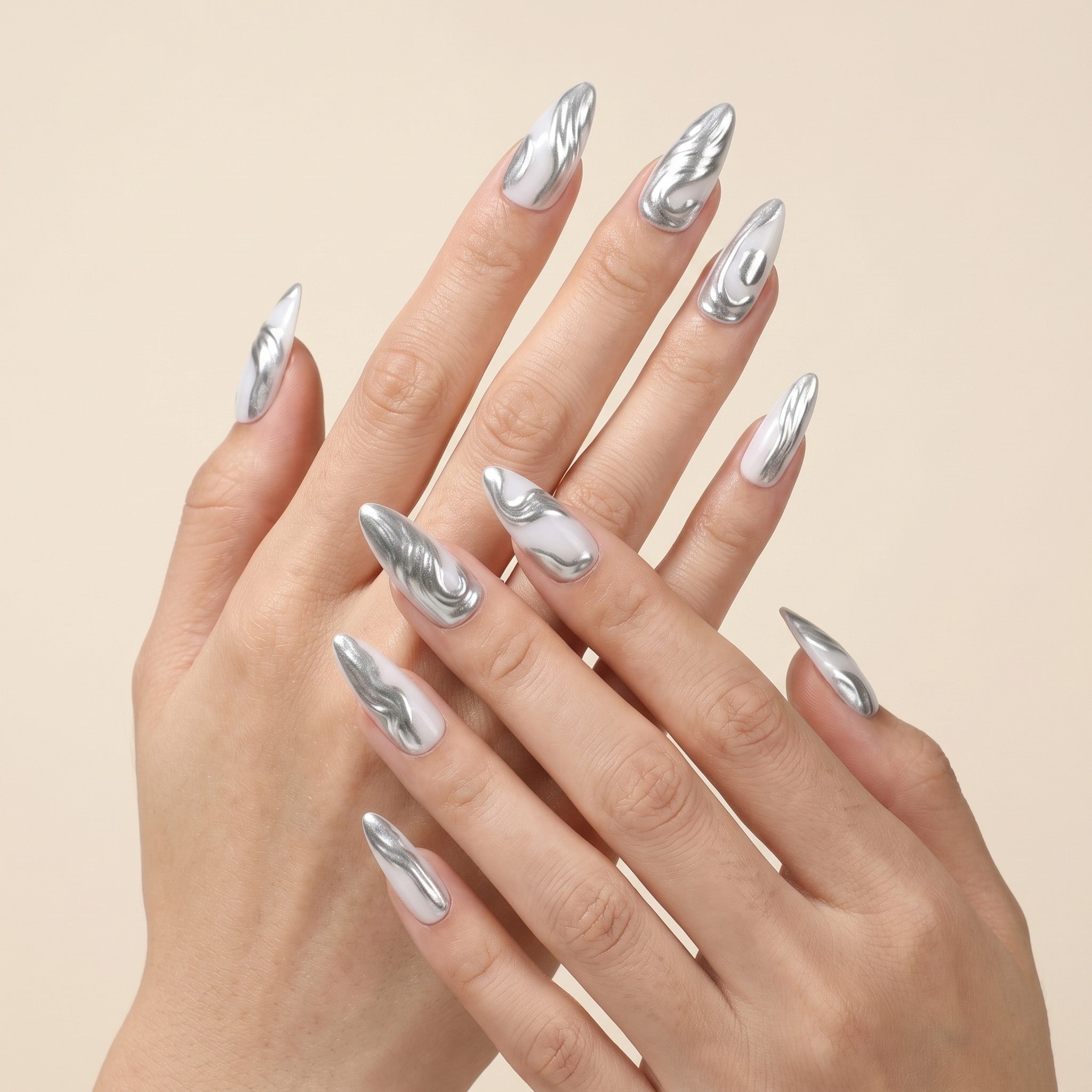 Handmade Long Stiletto Amlond Press-On Nails - Silver White Hand-Painted Minimalist Trendy 10 Pcs #063