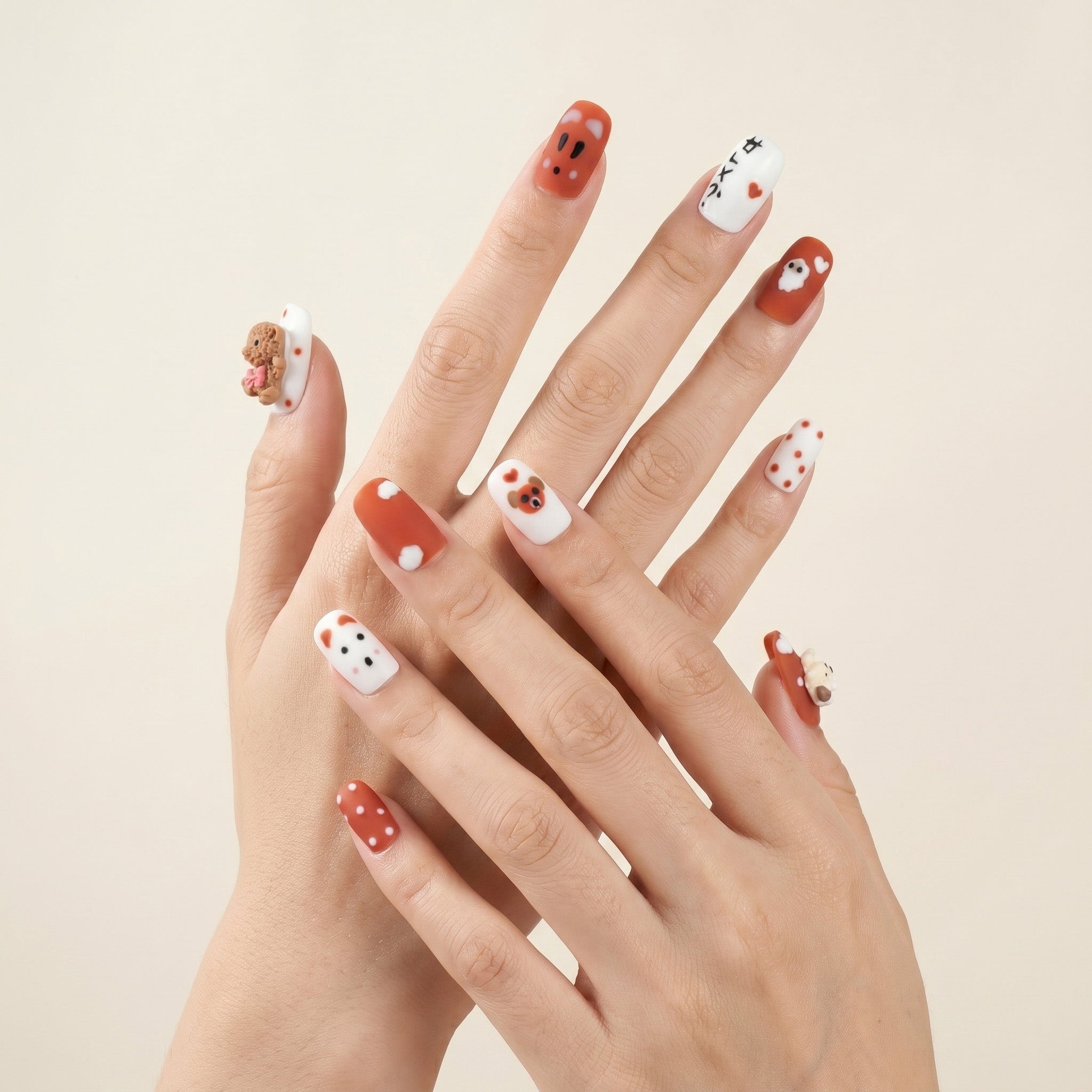 Handmade Short Square Press-On Nails - White Brown 3D Cartoon Hand-Painted 10 Pcs #064