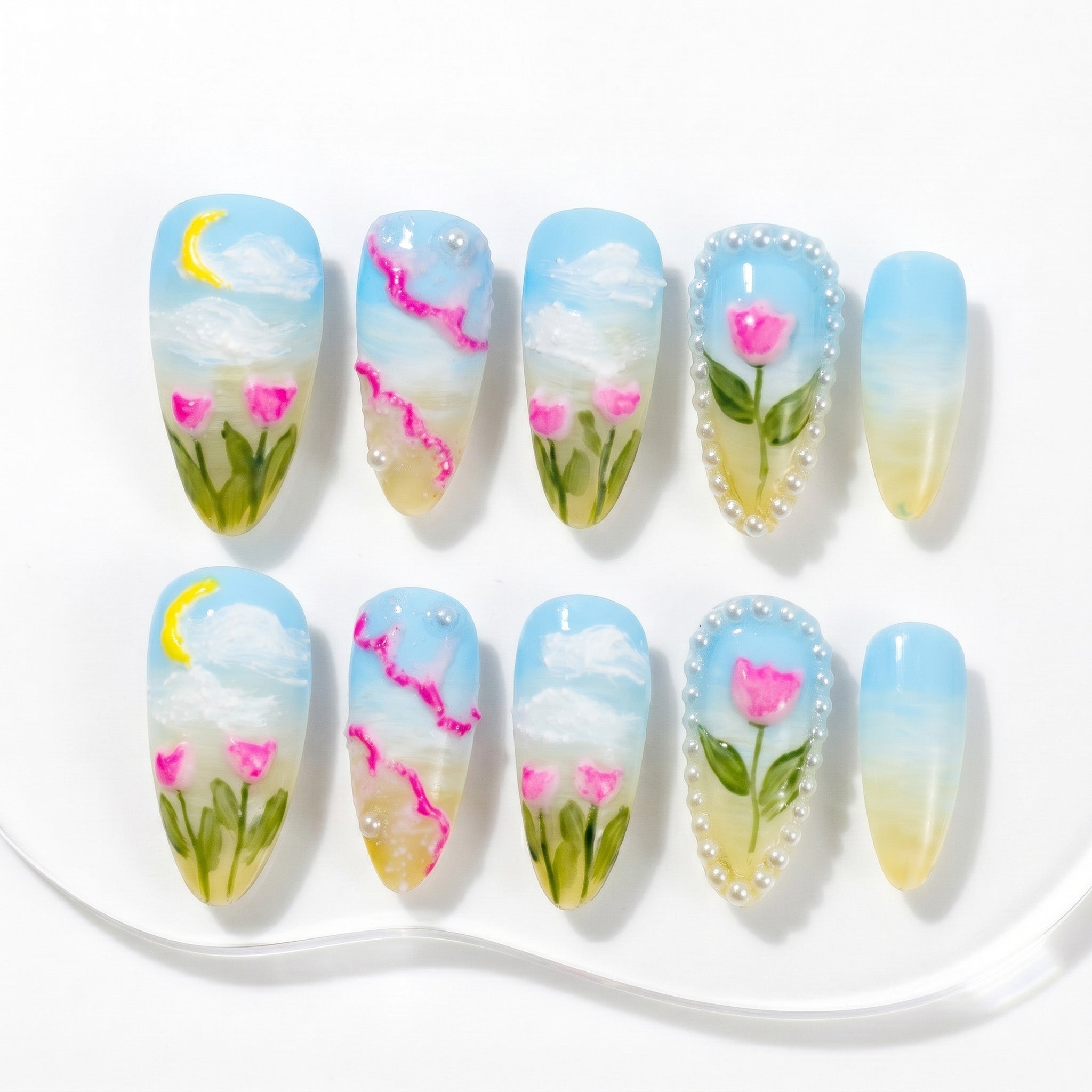 Handmade Medium Almond Press-On Nails - Colorful Blue Green Flower Pearl Hand-Painted 10 Pcs #066