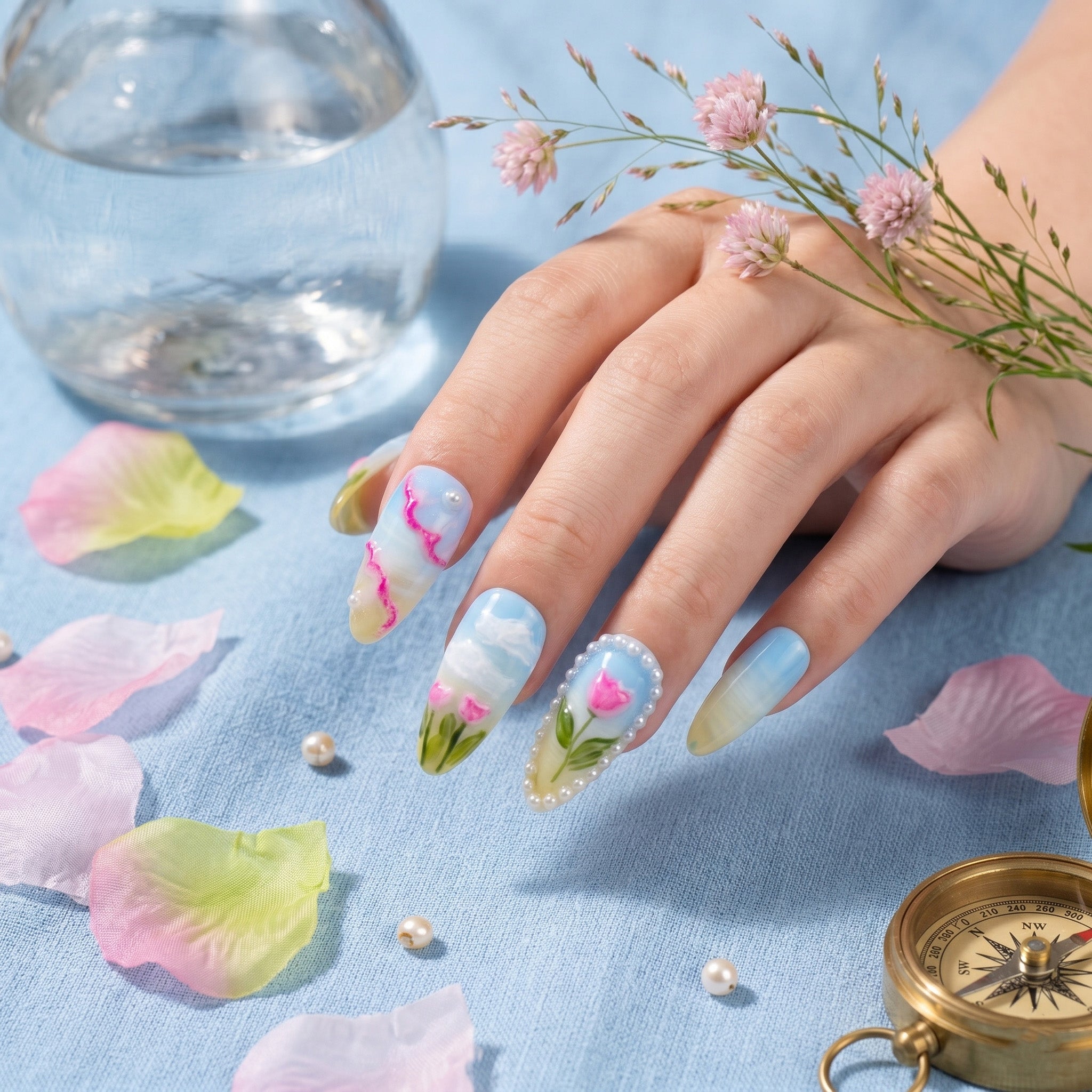 Handmade Medium Almond Press-On Nails - Colorful Blue Green Flower Pearl Hand-Painted 10 Pcs #066