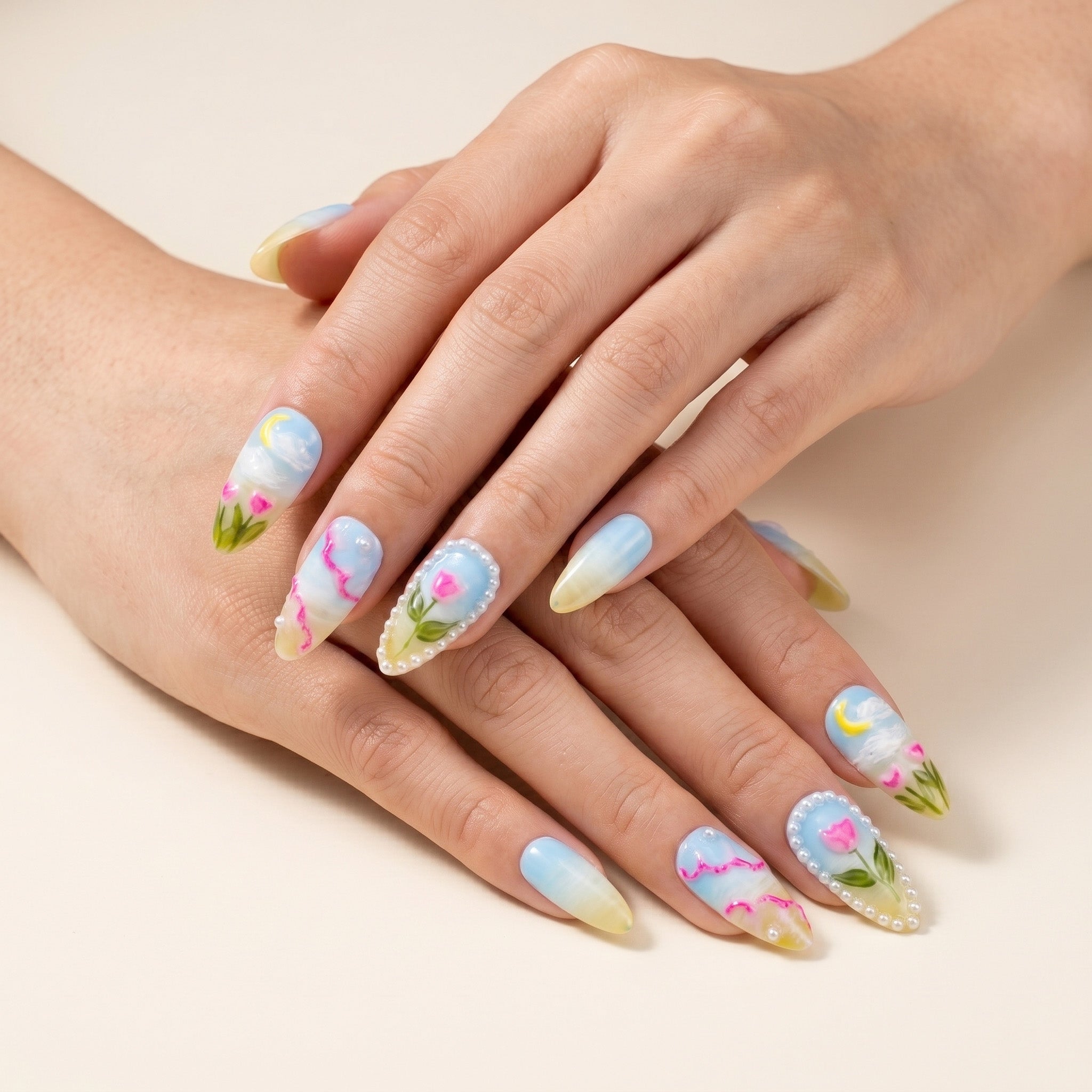 Handmade Medium Almond Press-On Nails - Colorful Blue Green Flower Pearl Hand-Painted 10 Pcs #066