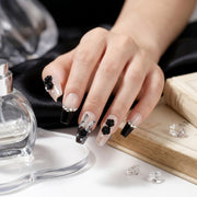 Handmade Medium Coffin Ballerina Press-On Nails - Nude Beige Black French Flower 3D 10 Pcs #069