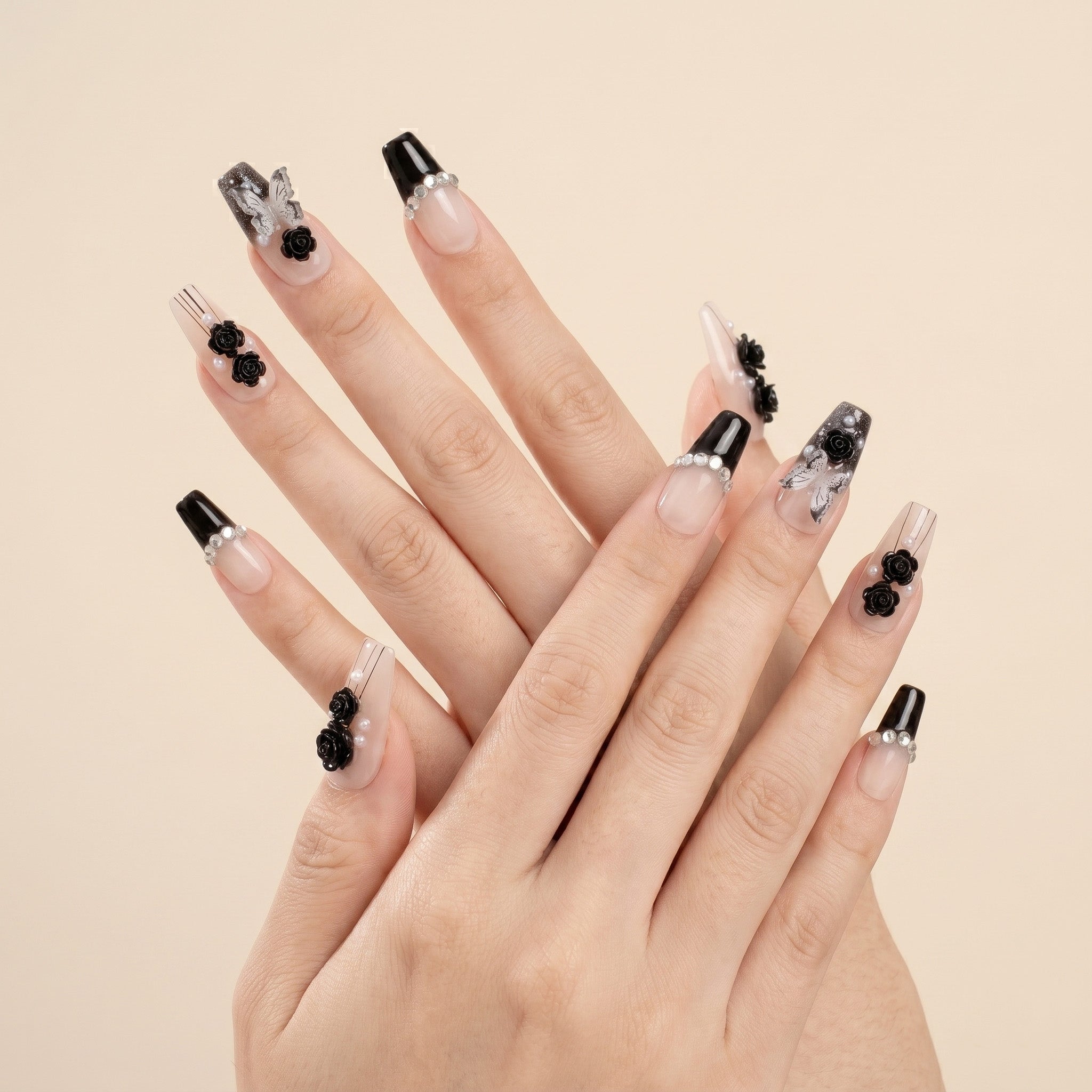 Handmade Medium Coffin Ballerina Press-On Nails - Nude Beige Black French Flower 3D 10 Pcs #069