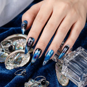 Handmade Long Stiletto Amlond Press-On Nails - Blue Black Ombre Gradation Glitter 10 Pcs #070