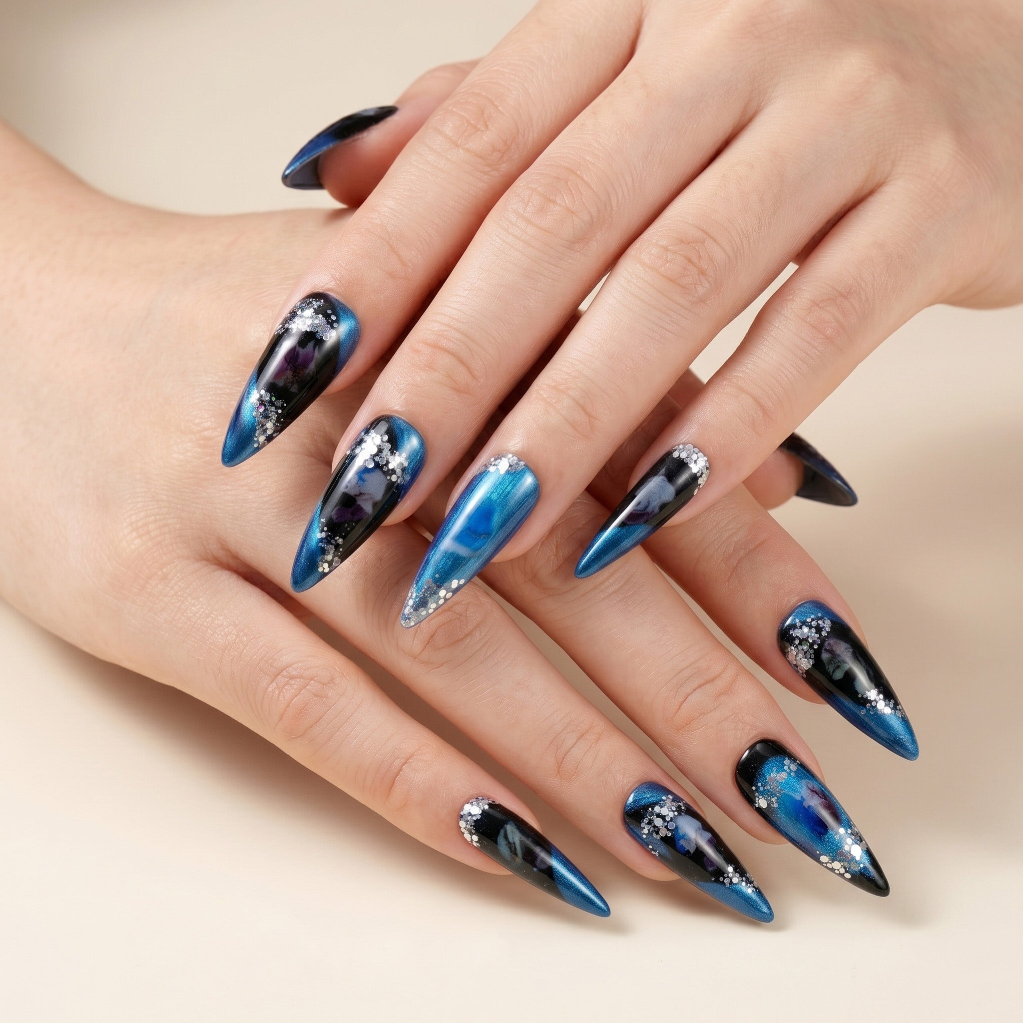 Handmade Long Stiletto Amlond Press-On Nails - Blue Black Ombre Gradation Glitter 10 Pcs #070