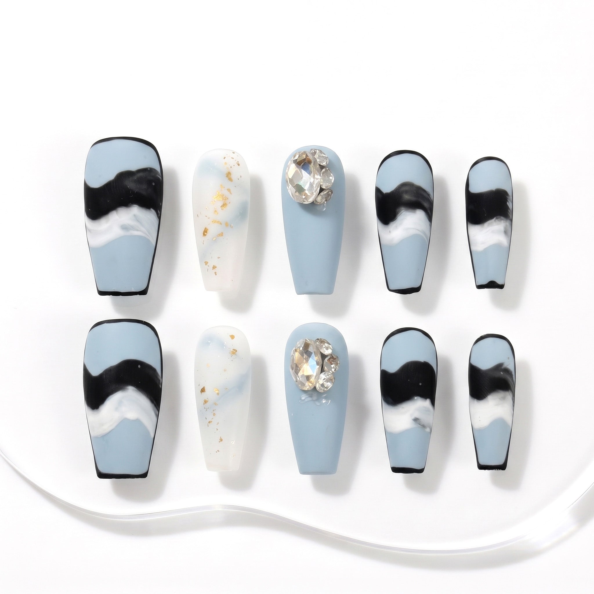 Handmade Medium Coffin Ballerina Press-On Nails - Blue Ombre Hand-Painted Gradation 10 Pcs #071