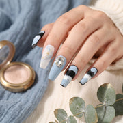 Handmade Medium Coffin Ballerina Press-On Nails - Blue Ombre Hand-Painted Gradation 10 Pcs #071