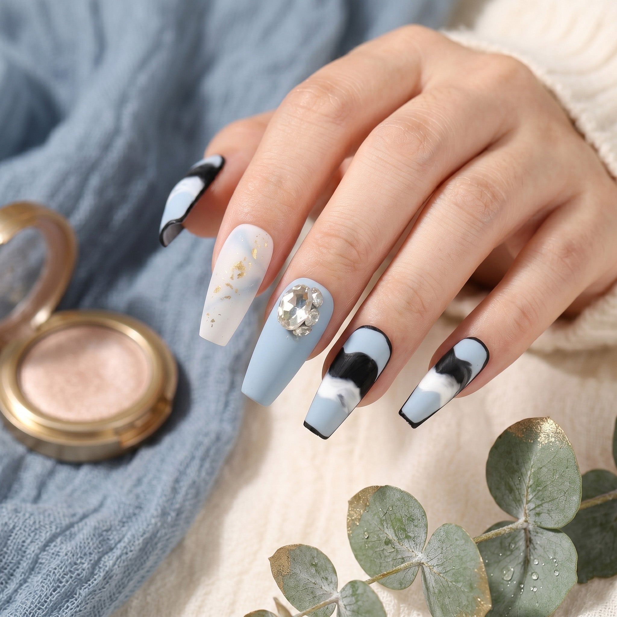 Handmade Medium Coffin Ballerina Press-On Nails - Blue Ombre Hand-Painted Gradation 10 Pcs #071