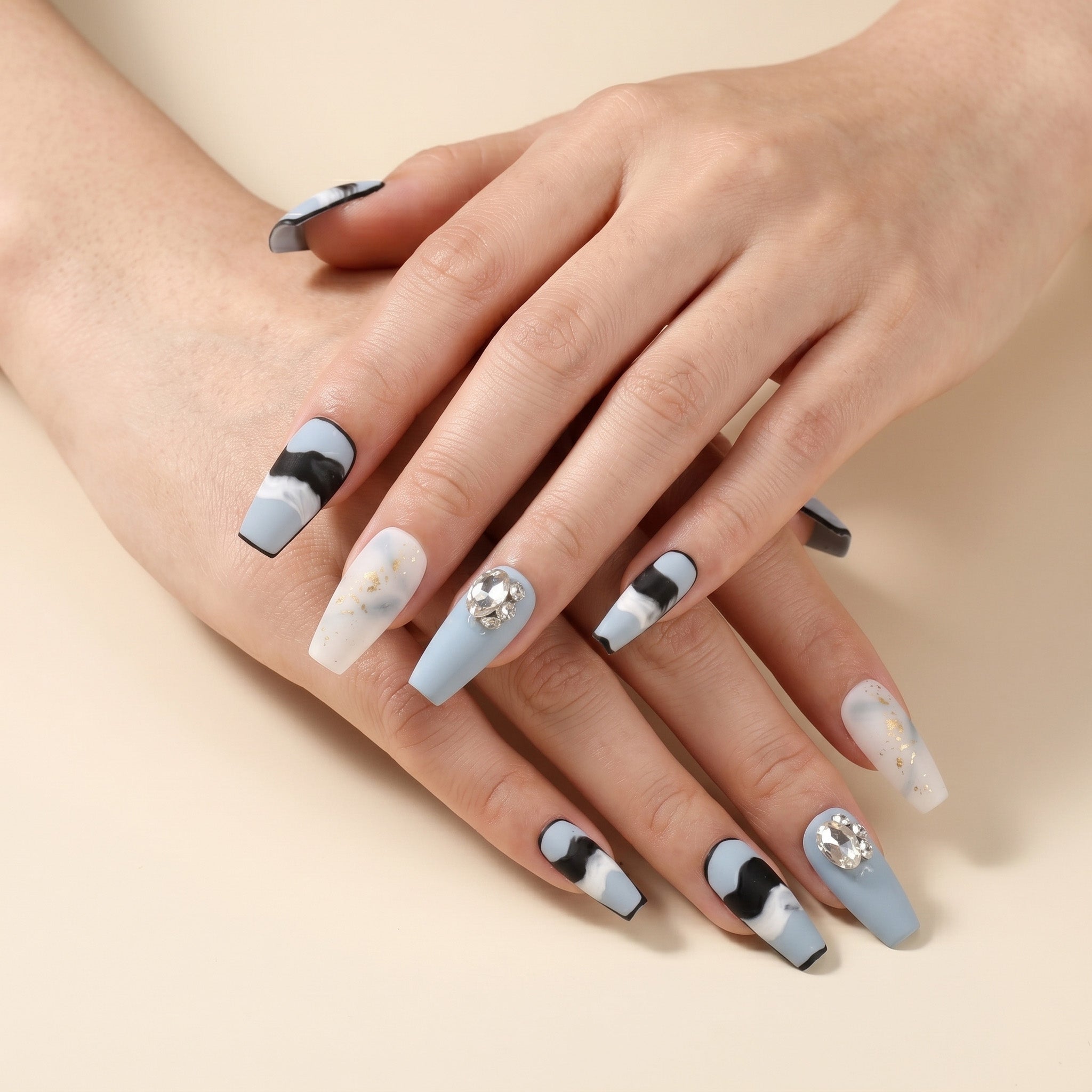 Handmade Medium Coffin Ballerina Press-On Nails - Blue Ombre Hand-Painted Gradation 10 Pcs #071