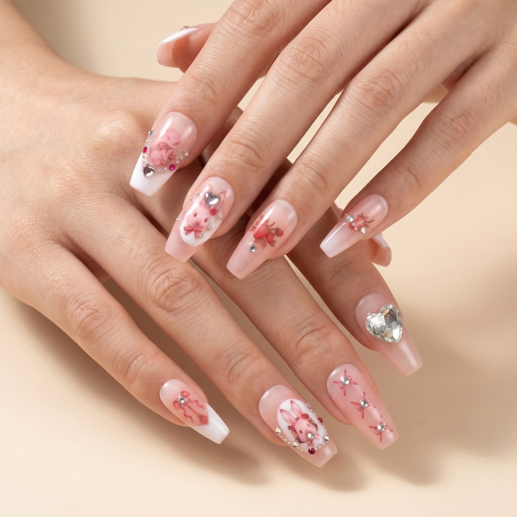 Handmade Medium Coffin Ballerina Press-On Nails - Pink White French Cartoon Sweet 10 Pcs #072