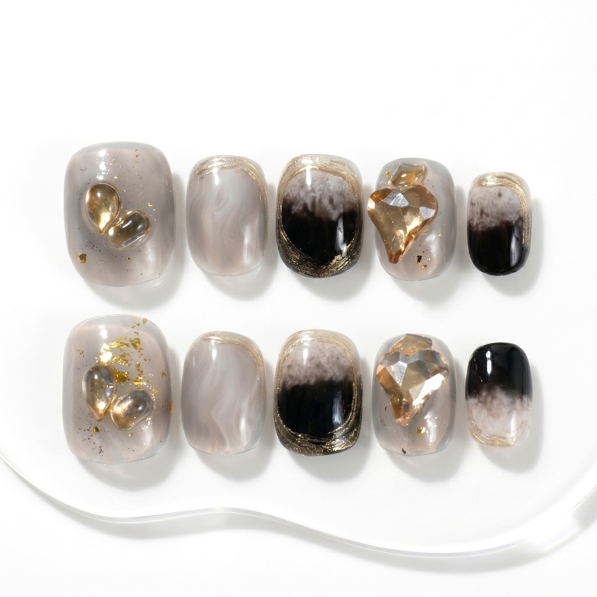 Handmade Short Squoval Round Press-On Nails - Black Grey Gradation Ombre Trendy 10 Pcs #074