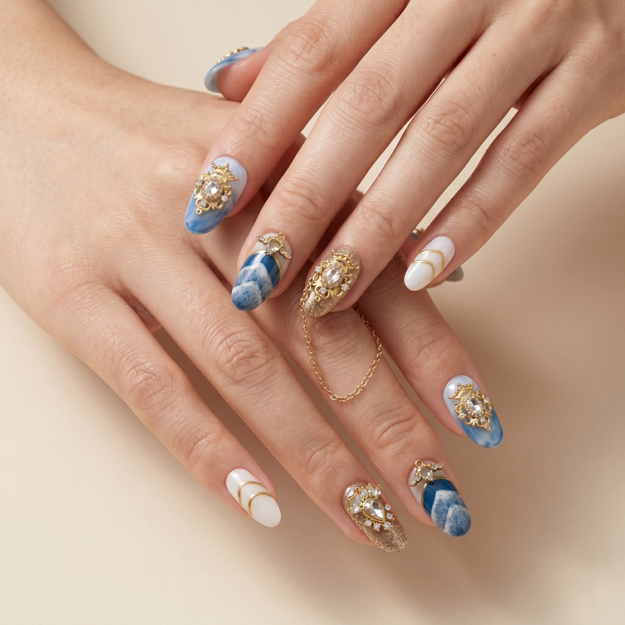 Faux ongles faits main motif marbre océan #075