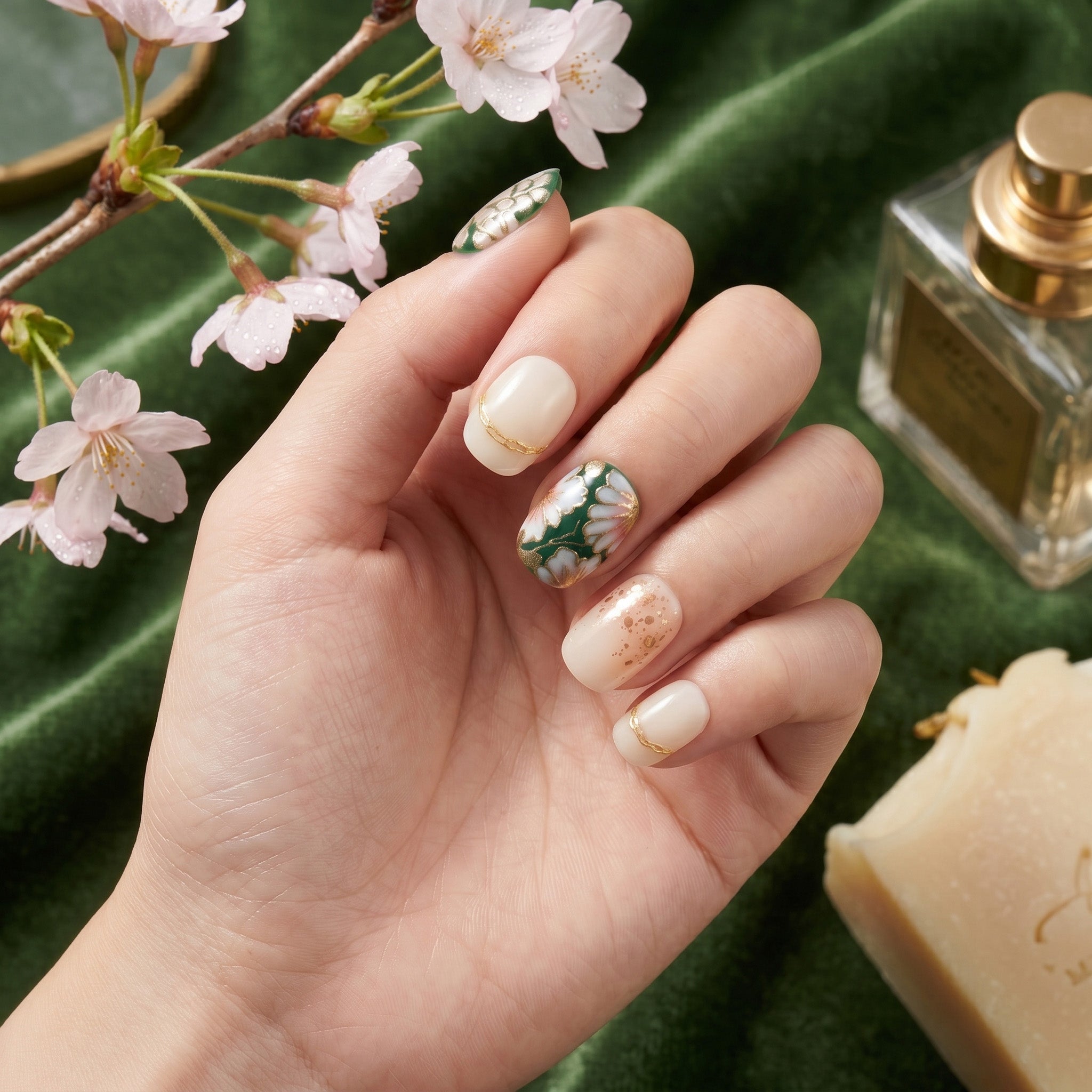 Faux ongles faits main motif floral oriental #076