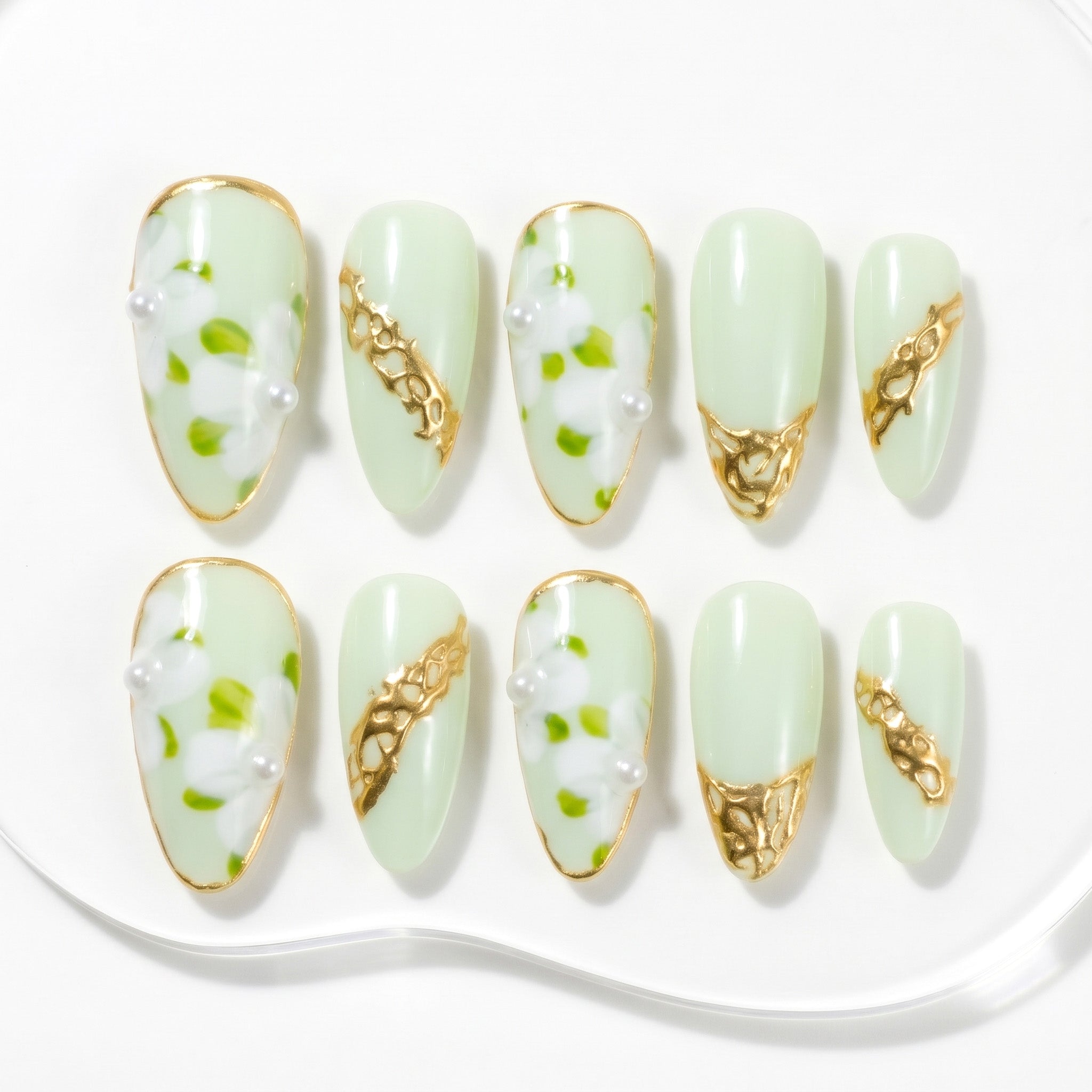 Handmade Medium Almond Press-On Nails - Green Hand-Painted Pearl French 10 Pcs #078