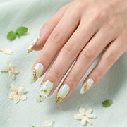 Handmade Medium Almond Press-On Nails - Green Hand-Painted Pearl French 10 Pcs #078