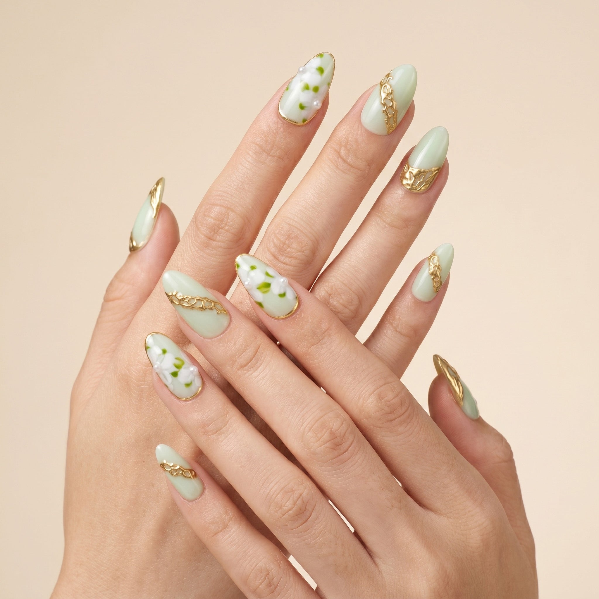 Handmade Medium Almond Press-On Nails - Green Hand-Painted Pearl French 10 Pcs #078