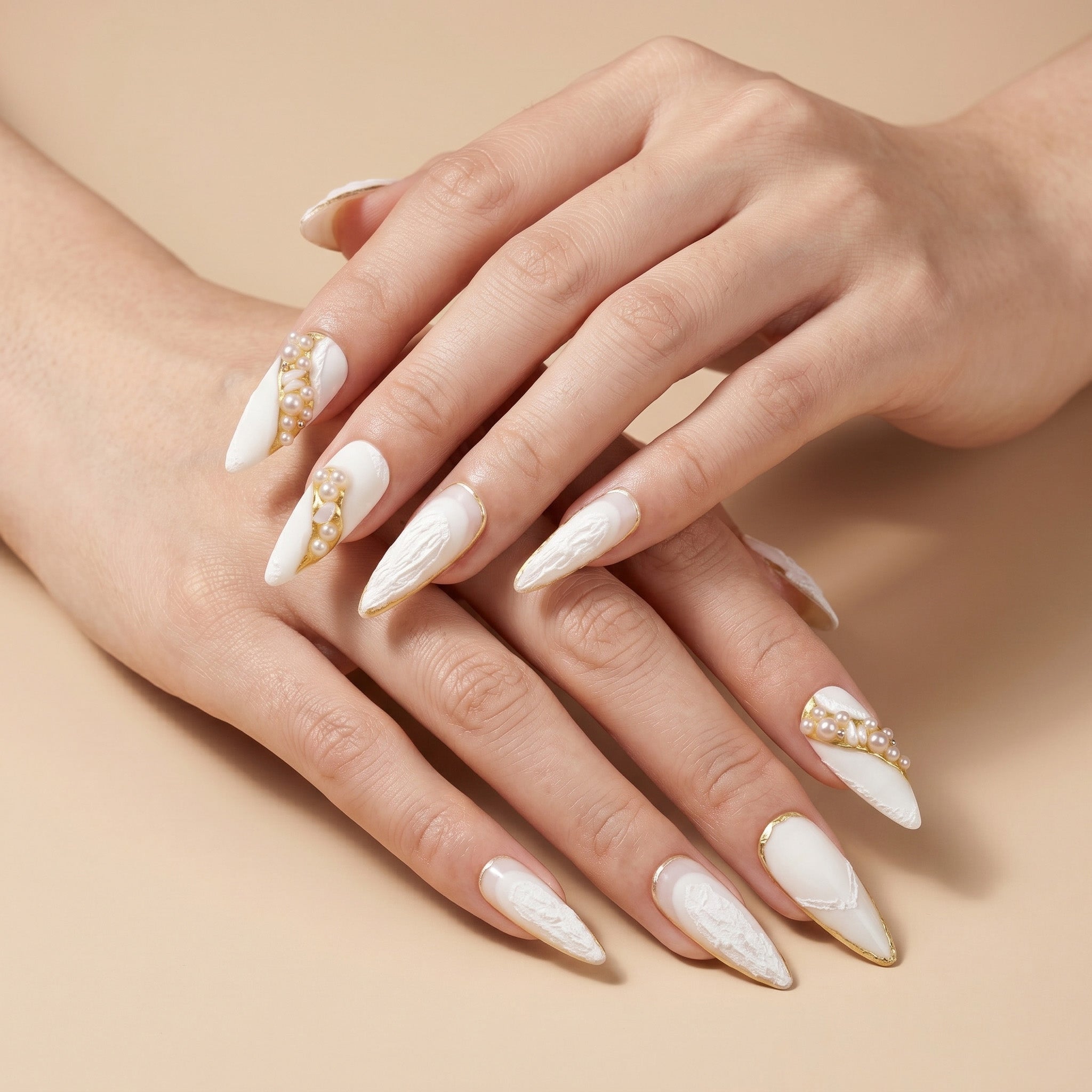 Faux ongles faits main perles et dorures #080