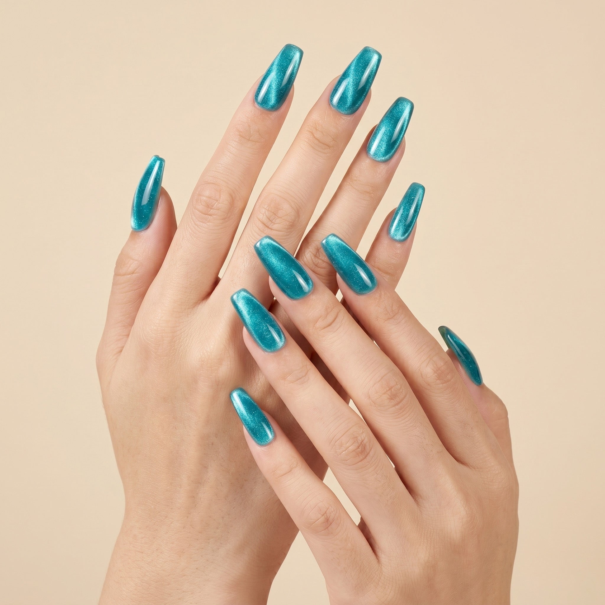 Handmade Medium Coffin Ballerina Press-On Nails - Blue Green Magnet Gradation glossy 10 Pcs #084