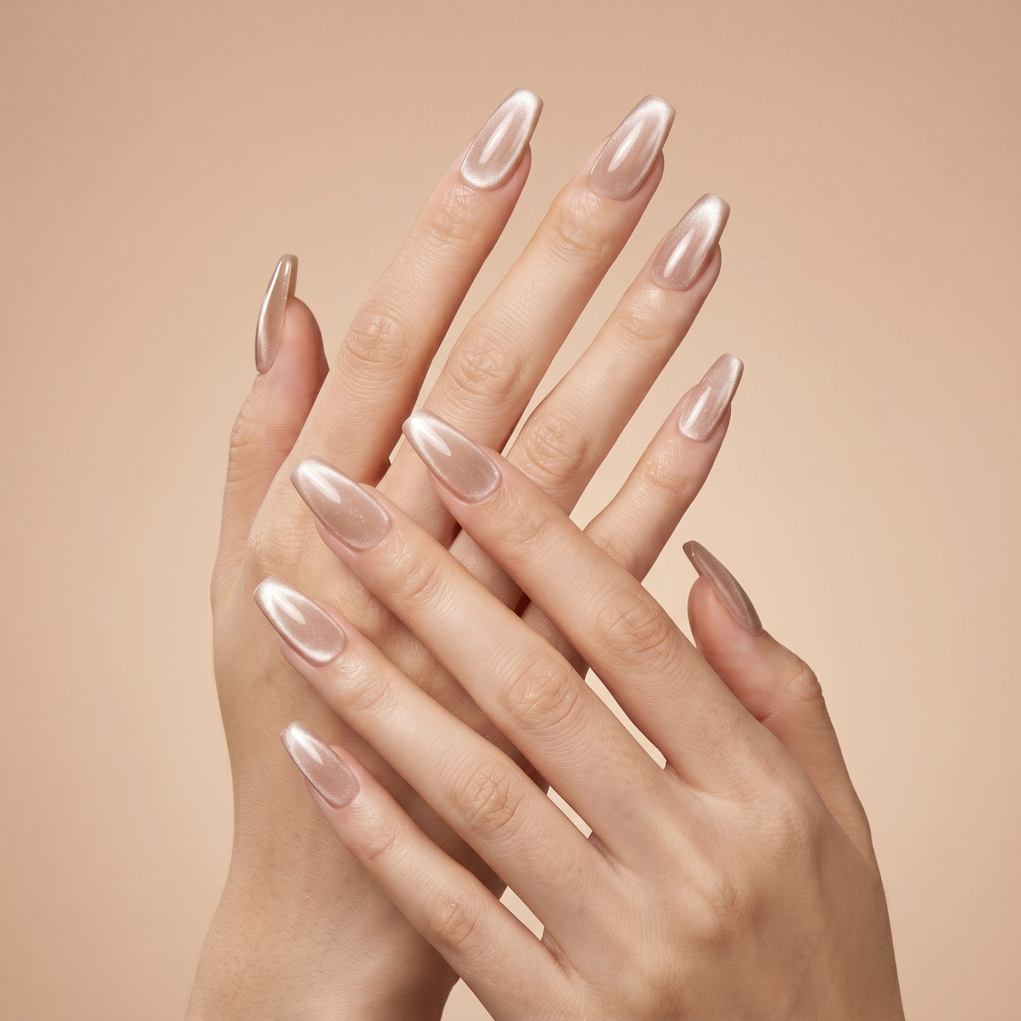 Handmade Medium Coffin Ballerina Press-On Nails - Nude Beige Magnet Solid Color glossy 10 Pcs #086