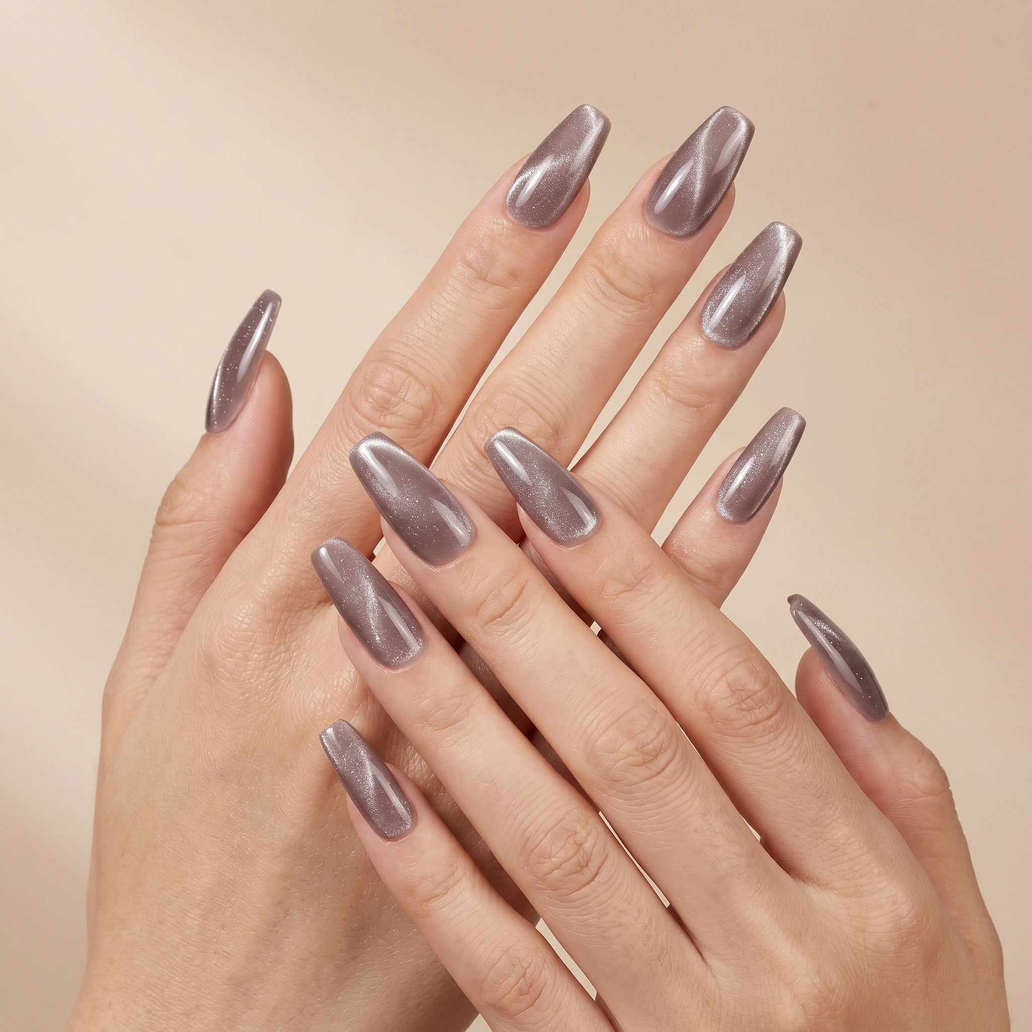 Handmade Medium Coffin Ballerina Press-On Nails - Grey Magnet Solid Color glossy 10 Pcs #087