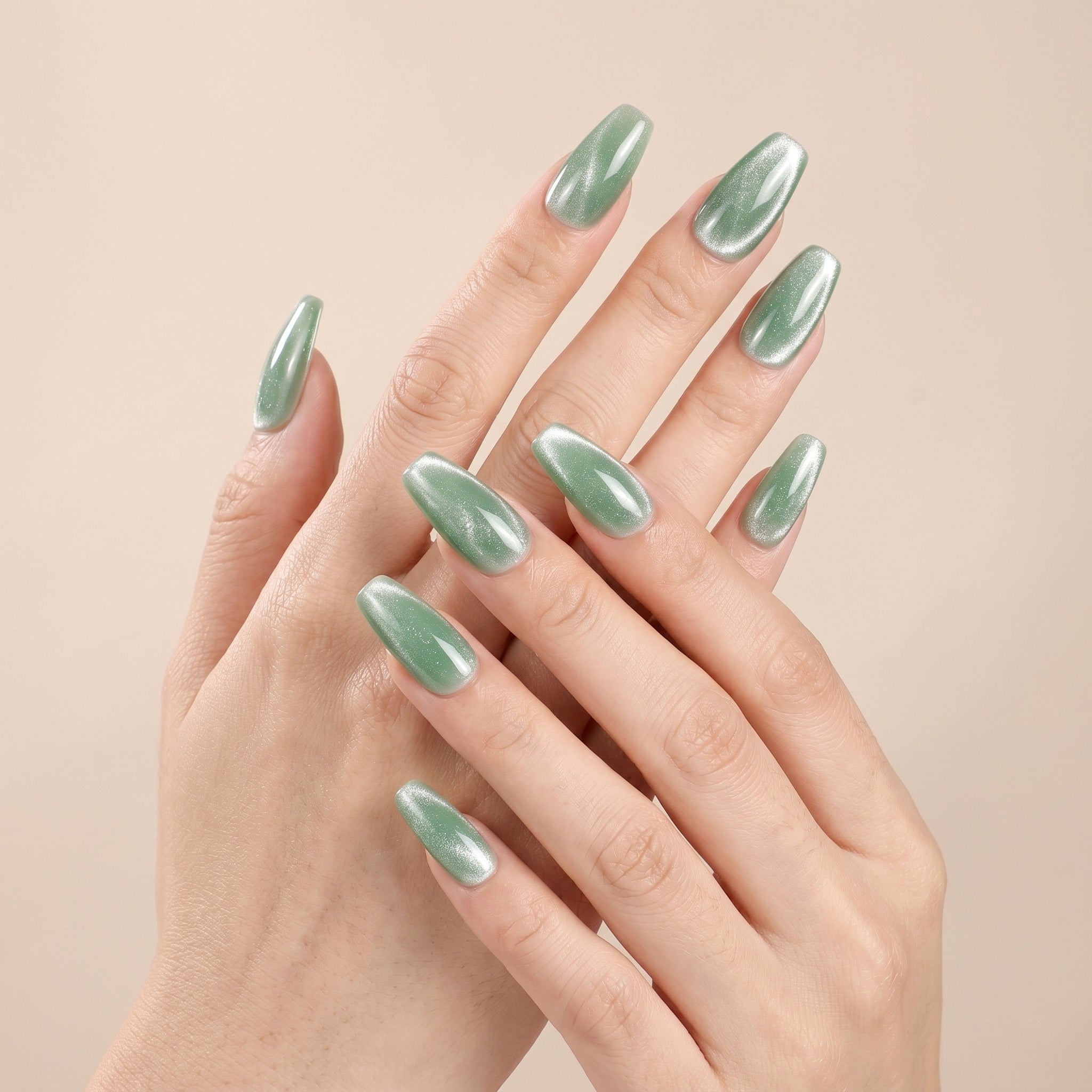 Handmade Medium Coffin Ballerina Press-On Nails - Green Magnet Solid Color glossy 10 Pcs #088