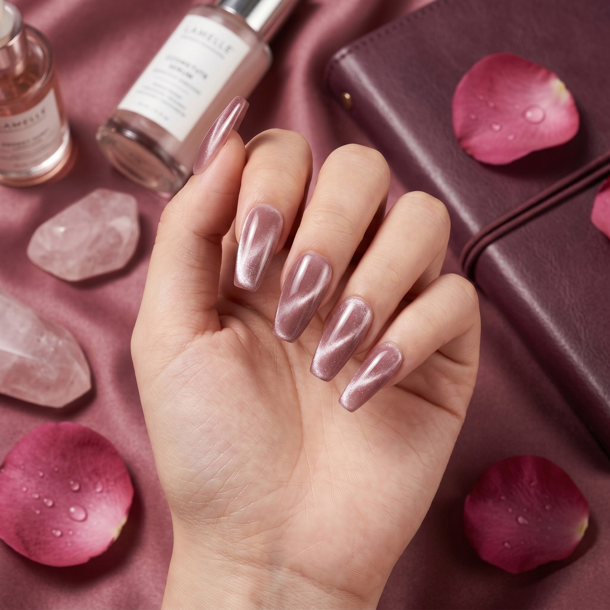 Faux ongles faits main rose nacré à reflets subtils #089