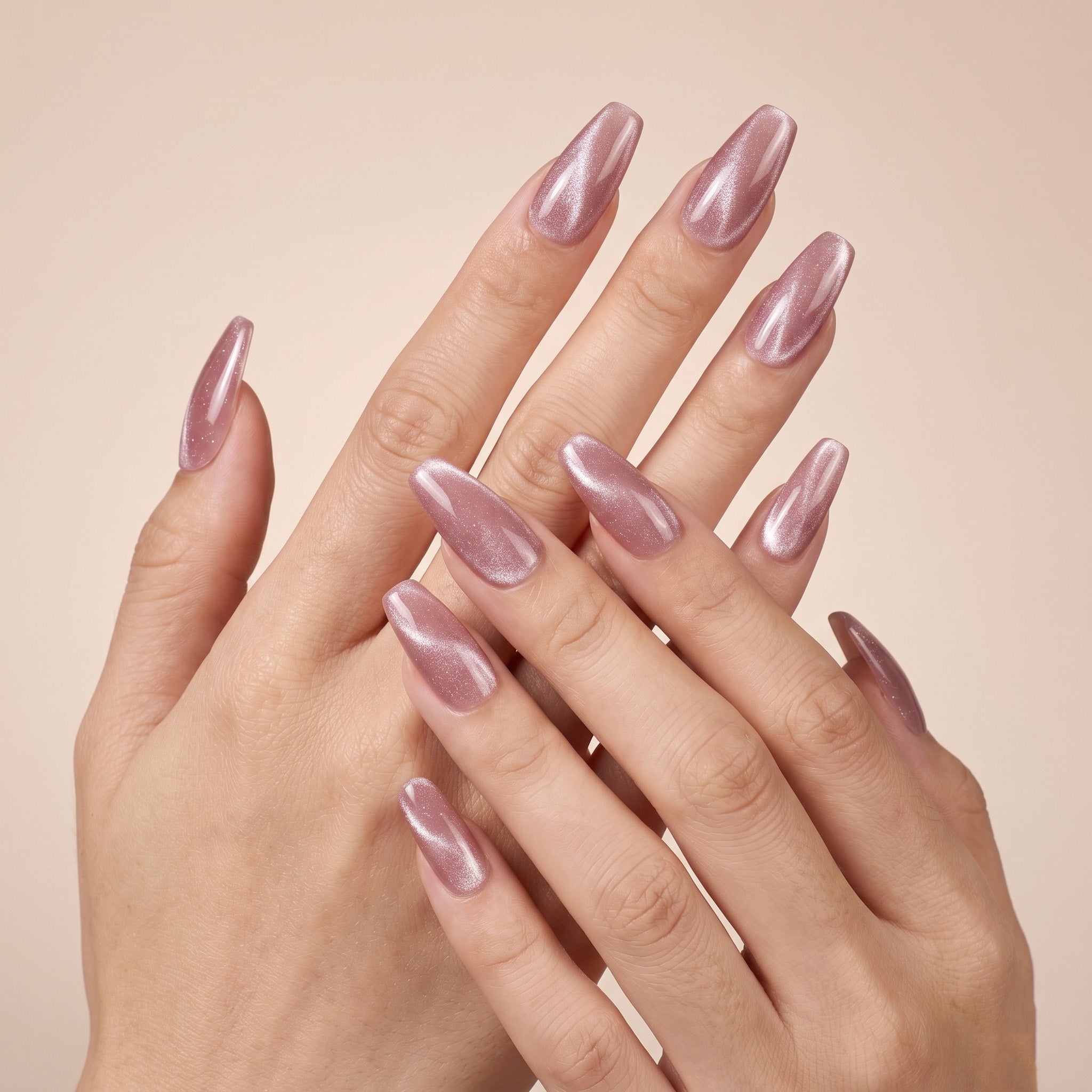Handmade Medium Coffin Ballerina Press-On Nails - Pink Magnet Solid Color glossy 10 Pcs #089