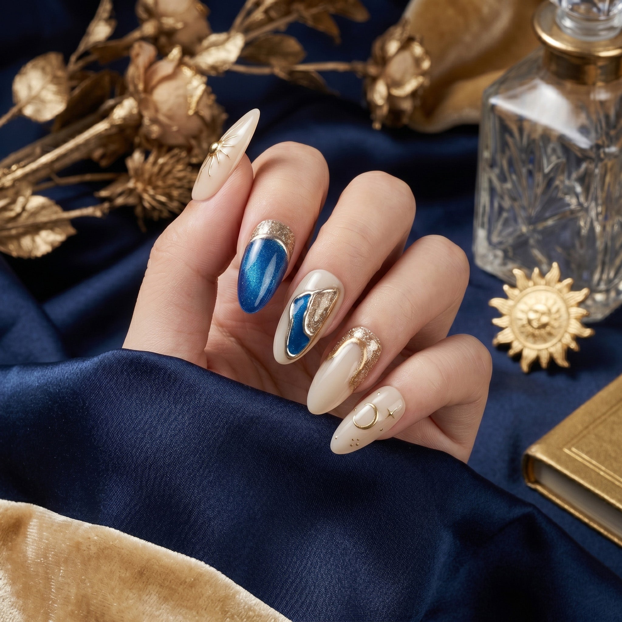 Handmade Short Almond Press-On Nails - Blue White Gold Hand-Painted Elegant Rhinestone 10 Pcs #081
