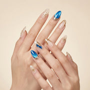Handmade Short Almond Press-On Nails - Blue White Gold Hand-Painted Elegant Rhinestone 10 Pcs #081
